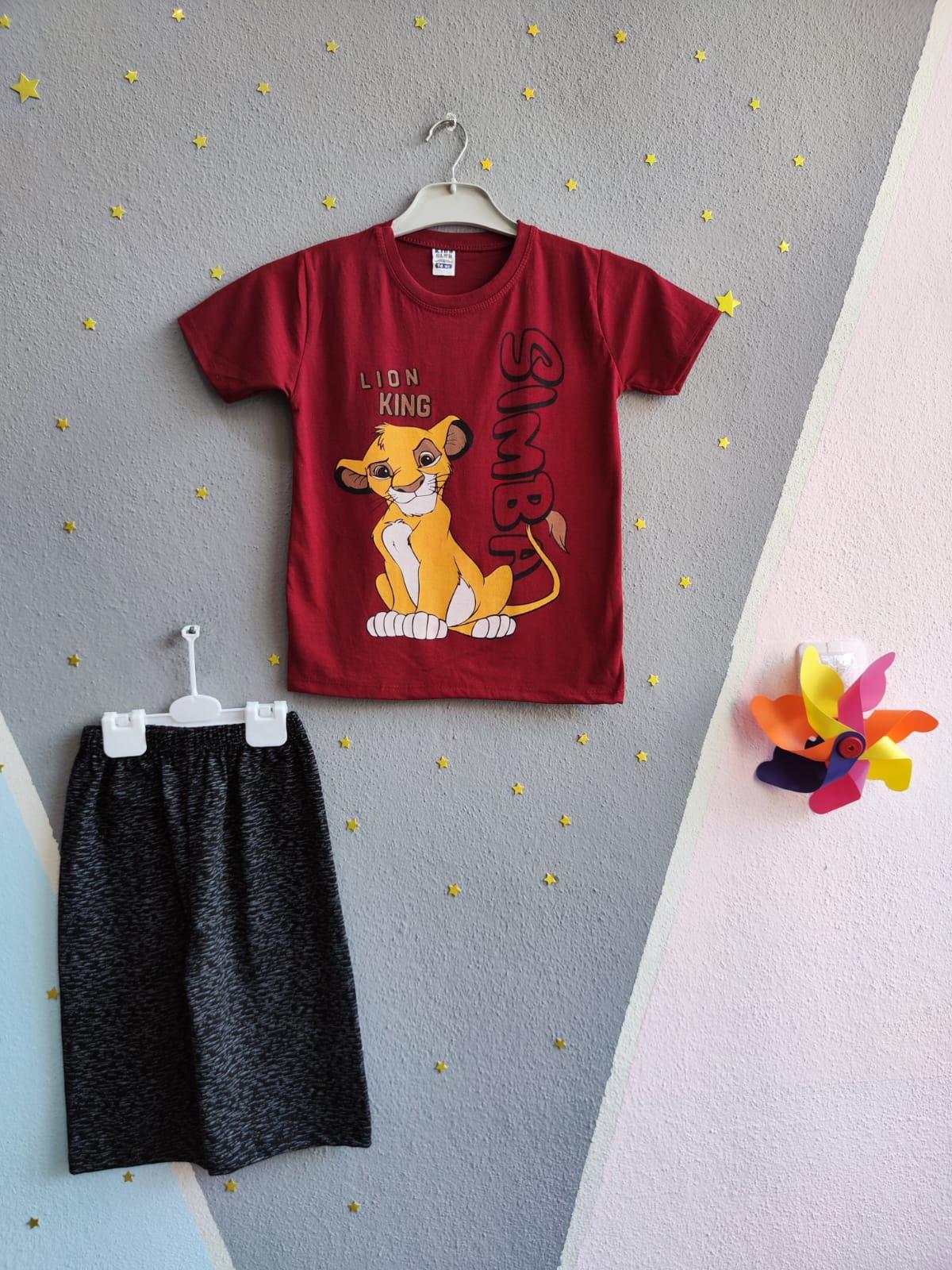 Şortu Çizgili Lion King Baskılı Erkek Takım- Bordo