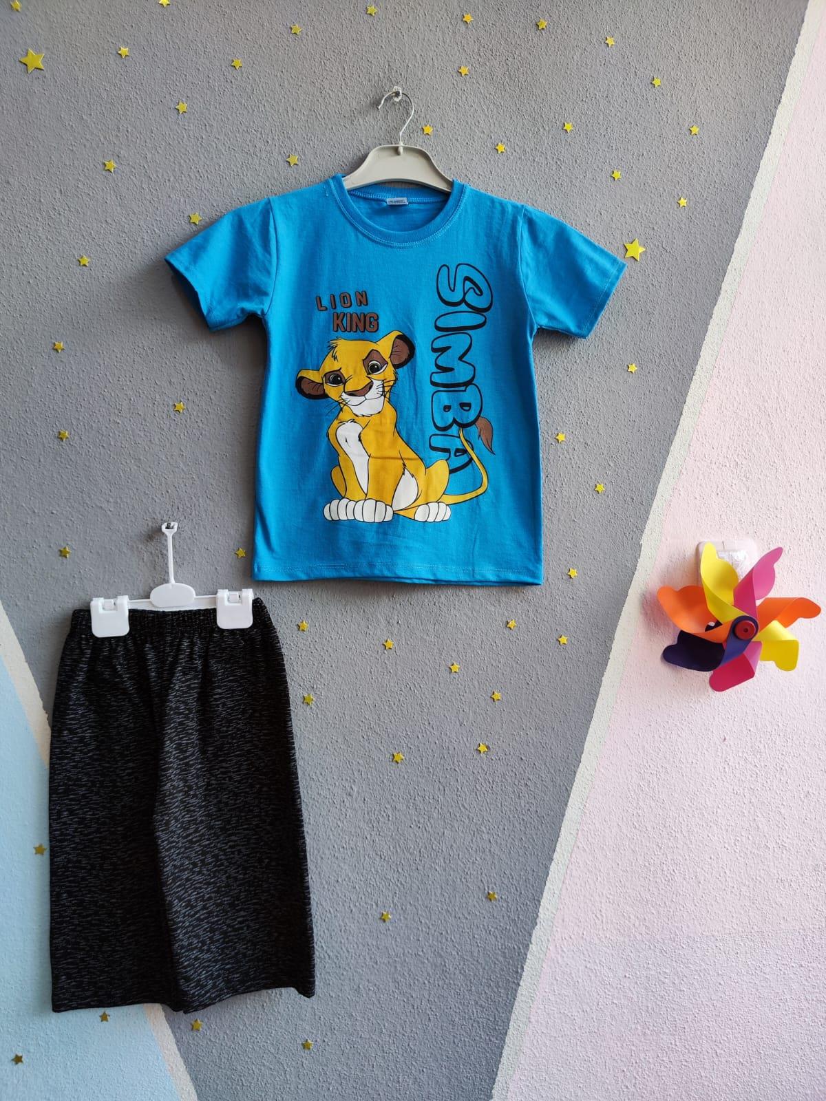 Şortu Çizgili Lion King Baskılı Erkek Takım- Açık Mavi