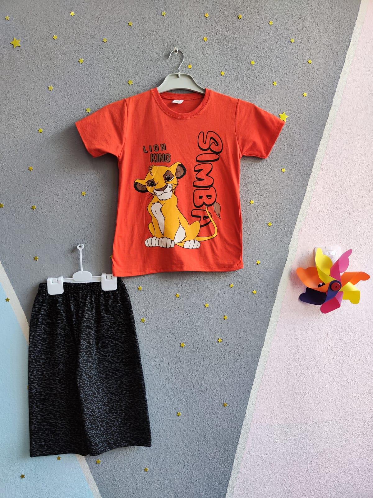 Şortu Çizgili Lion King Baskılı Erkek Takım- Turuncu