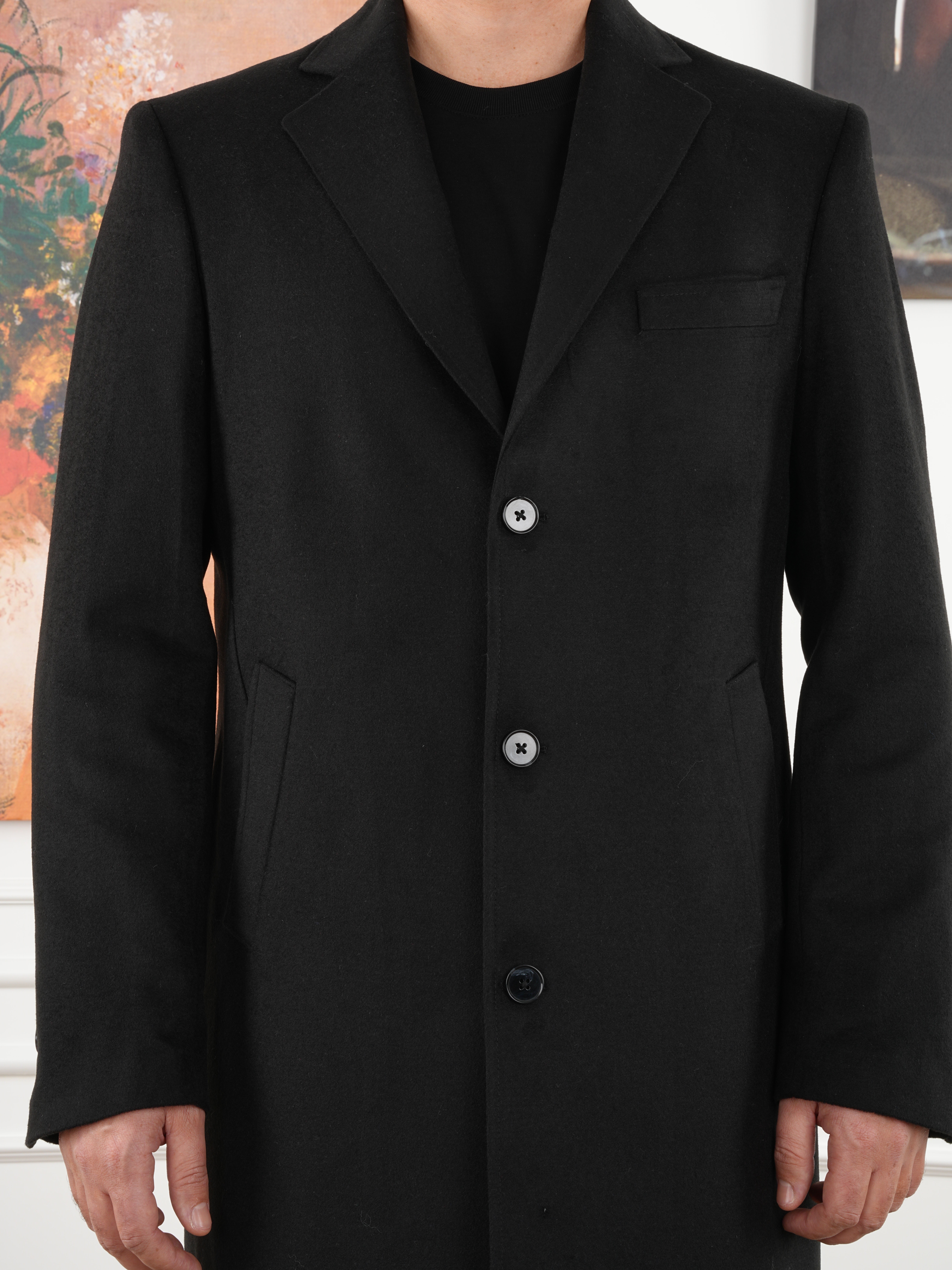 Erkek Premium İtalyan Stil Slim Fit Mono Yaka Kaşe Kaban - Siyah