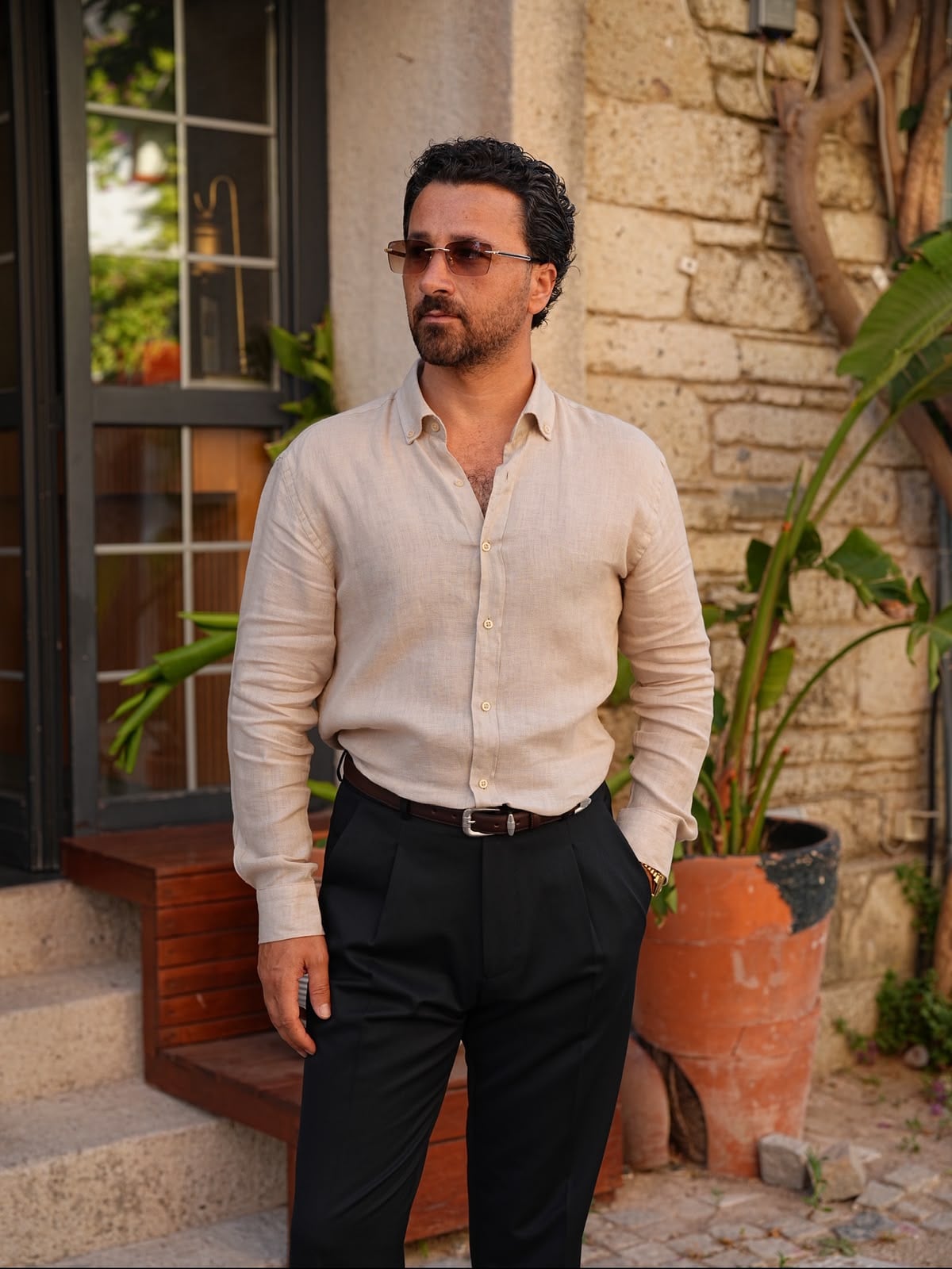 PAREZ Keten Gömlek Modern Fit Yaka Düğmeli - Krem