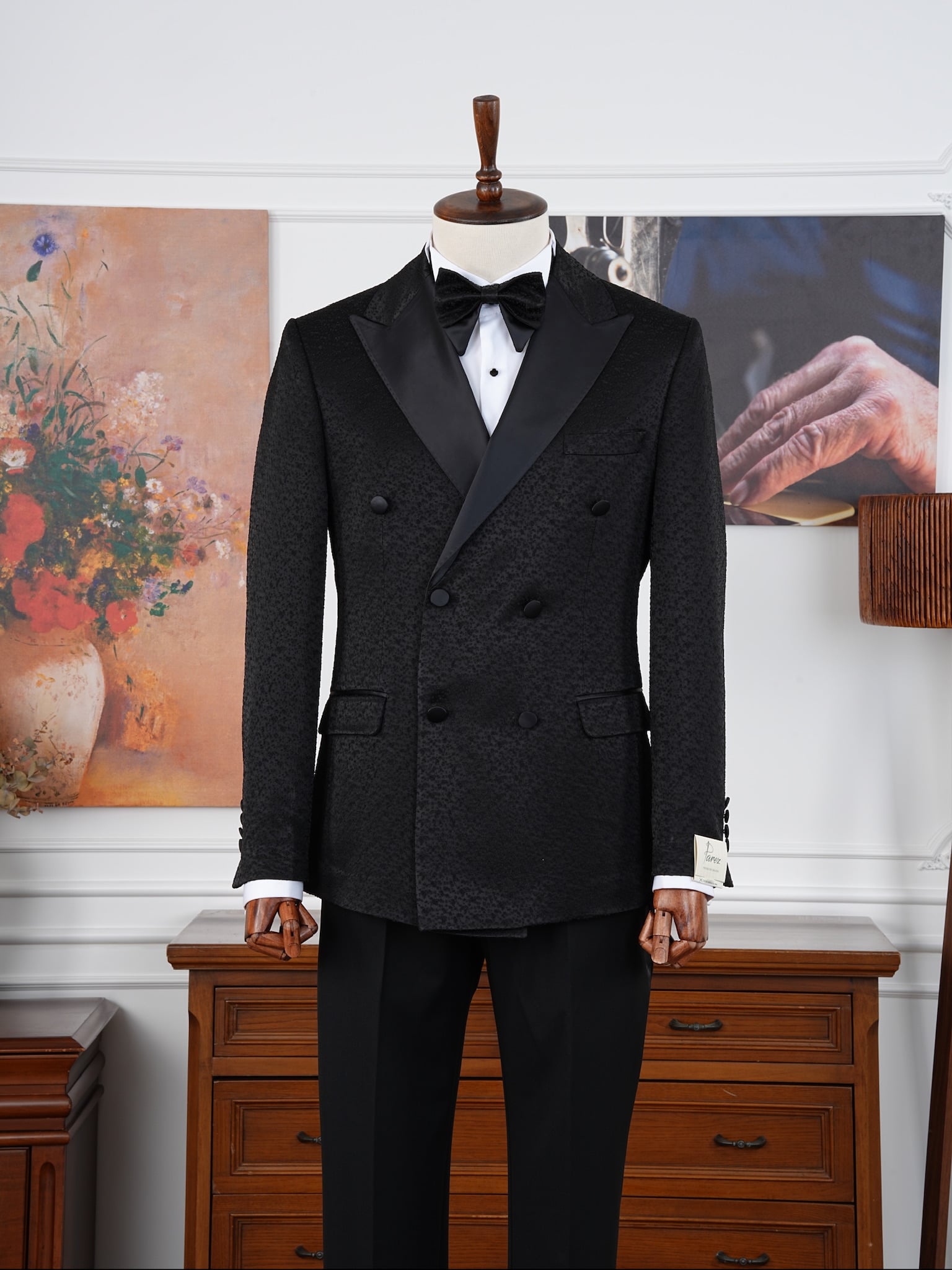 Erkek Slim Fit İtalyan Stil Jakar Desenli Damatlık Smokin Ceket Pantolon - Siyah