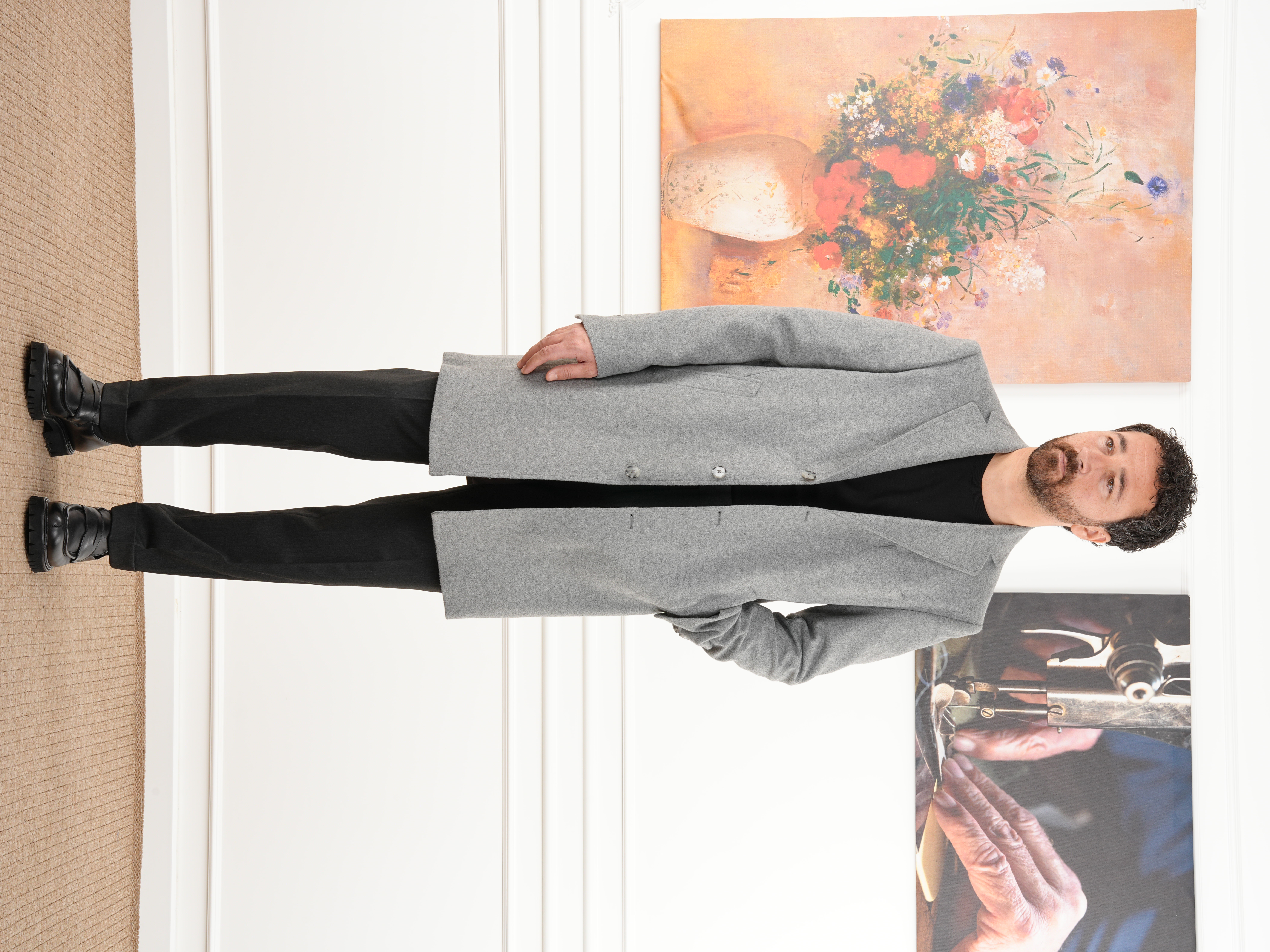 Erkek Premium İtalyan Stil Slim Fit Mono Yaka Kaşe Kaban - Gri