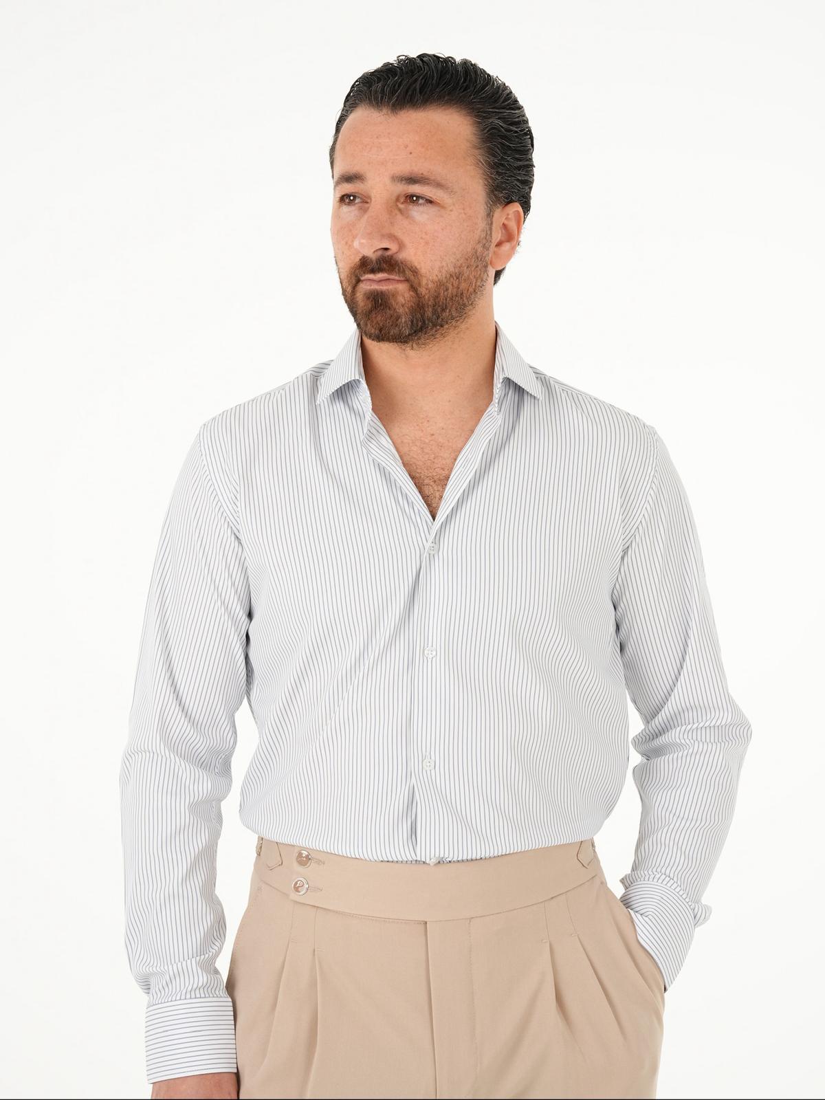 Premium İtalyan Yaka Slim Fit Çizgili Erkek Gömlek - Lacivert