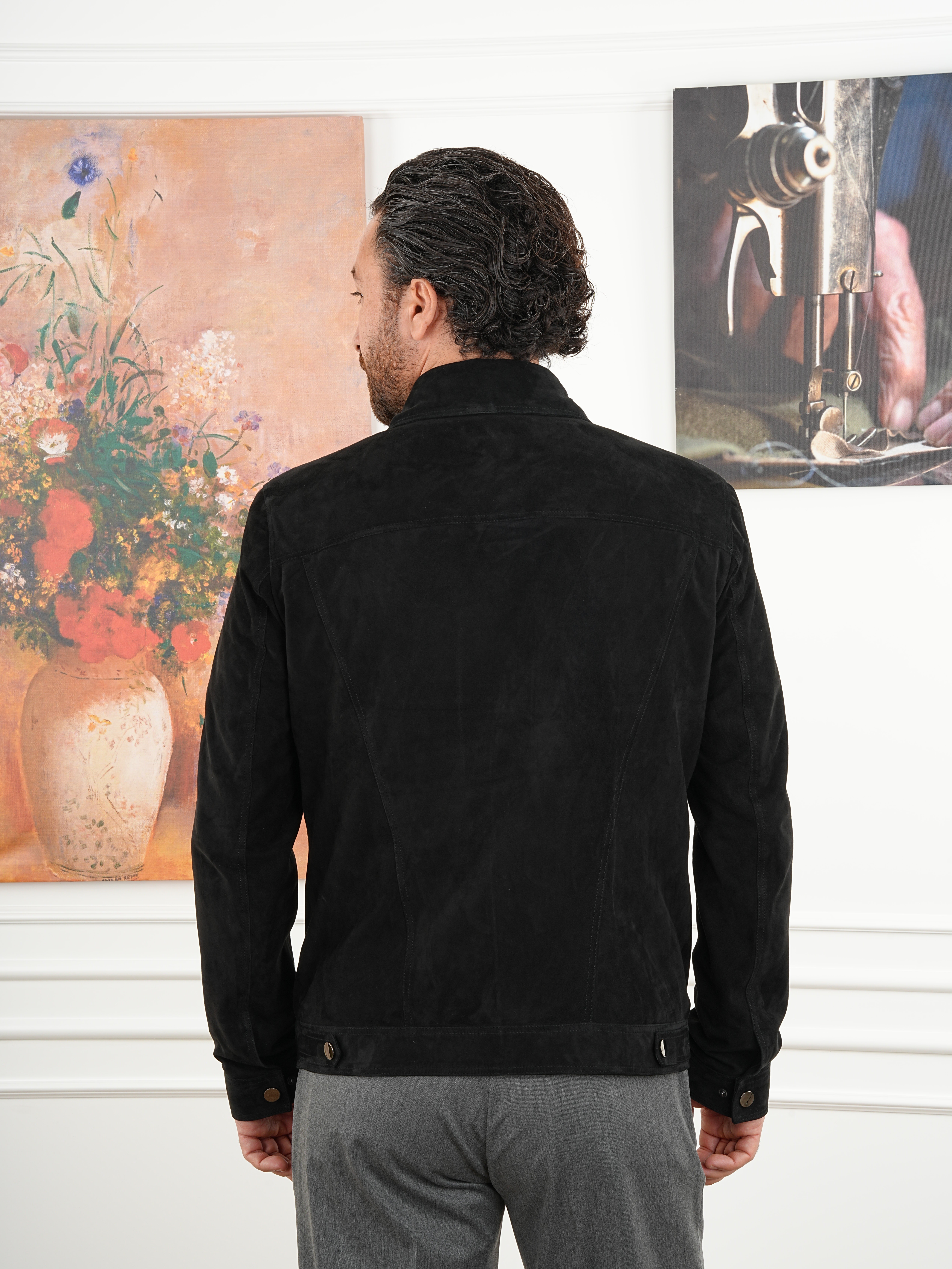 Erkek Slim Fit Çıt Çıtlı Hakiki Süet Deri Mont Ceket - Siyah