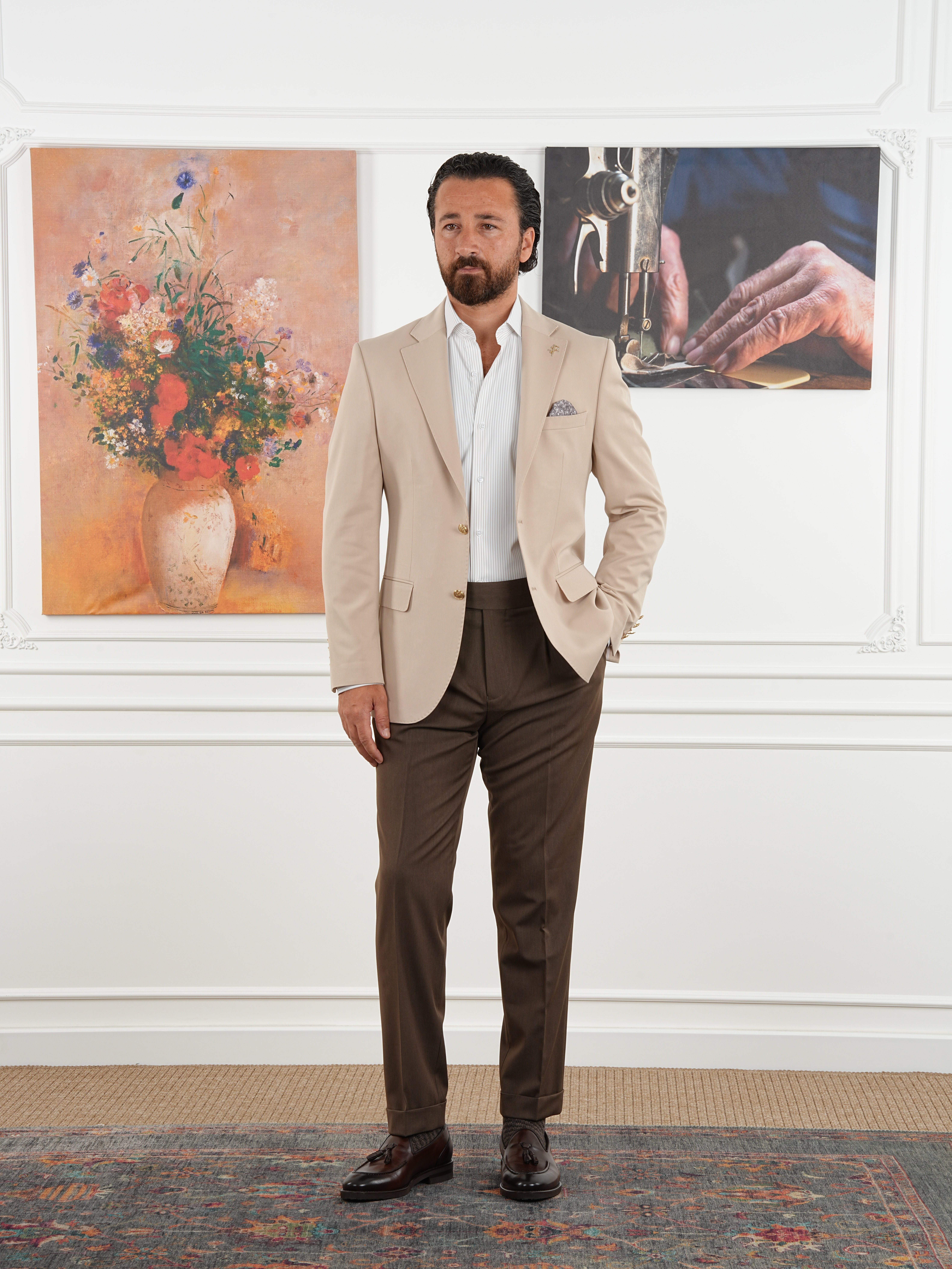 Premium İtalyan Stil Slim Fit Erkek Punto Dikişli Yarım Astarlı Ceket - Krem