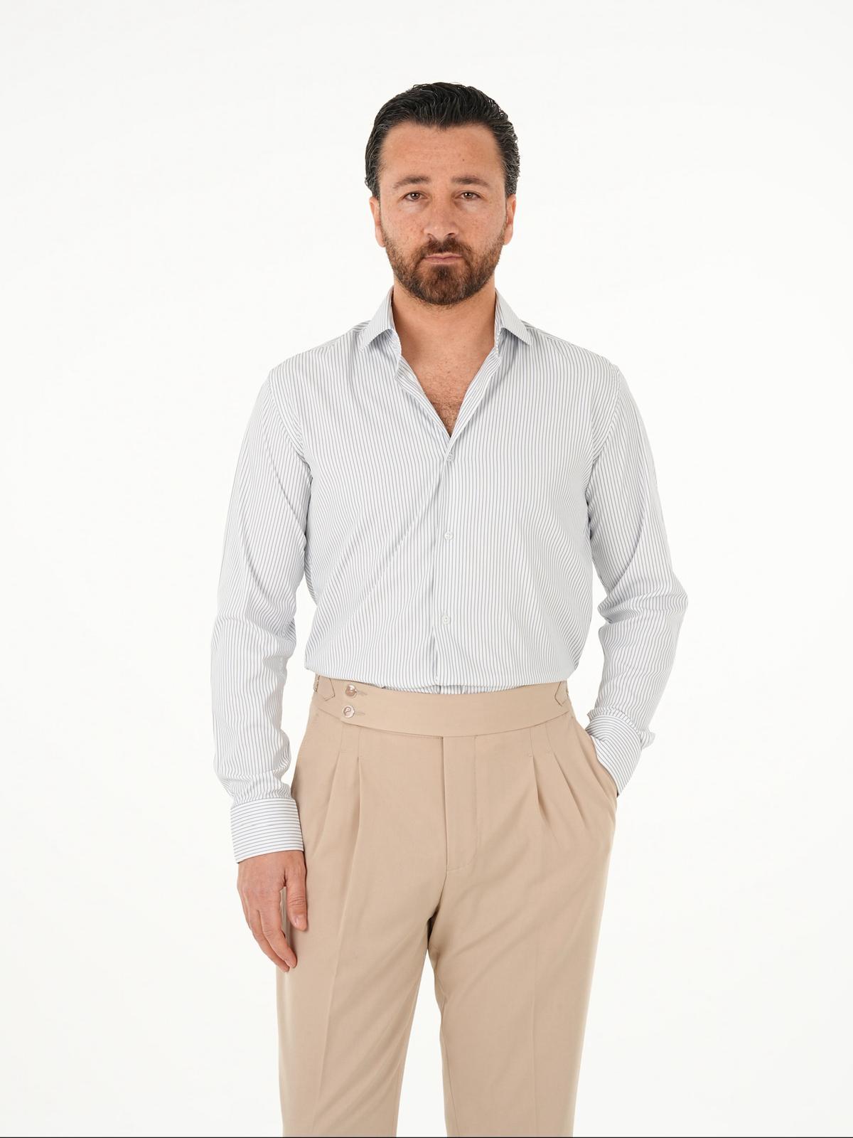 Premium İtalyan Yaka Slim Fit Çizgili Erkek Gömlek - Lacivert