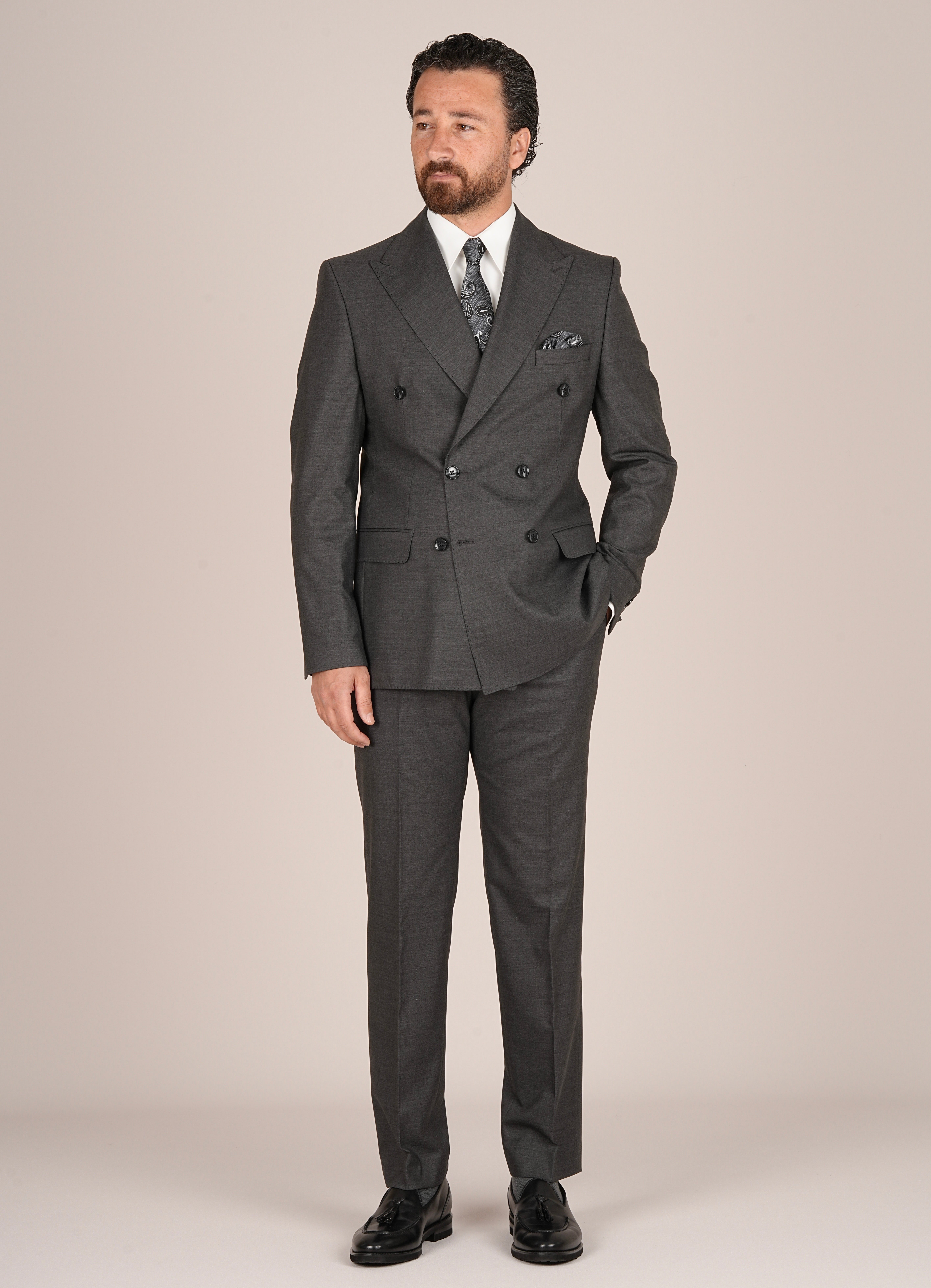 Erkek Slim Fit İtalyan Stil Kruvaze Takım Elbise Ceket Pantolon - Füme