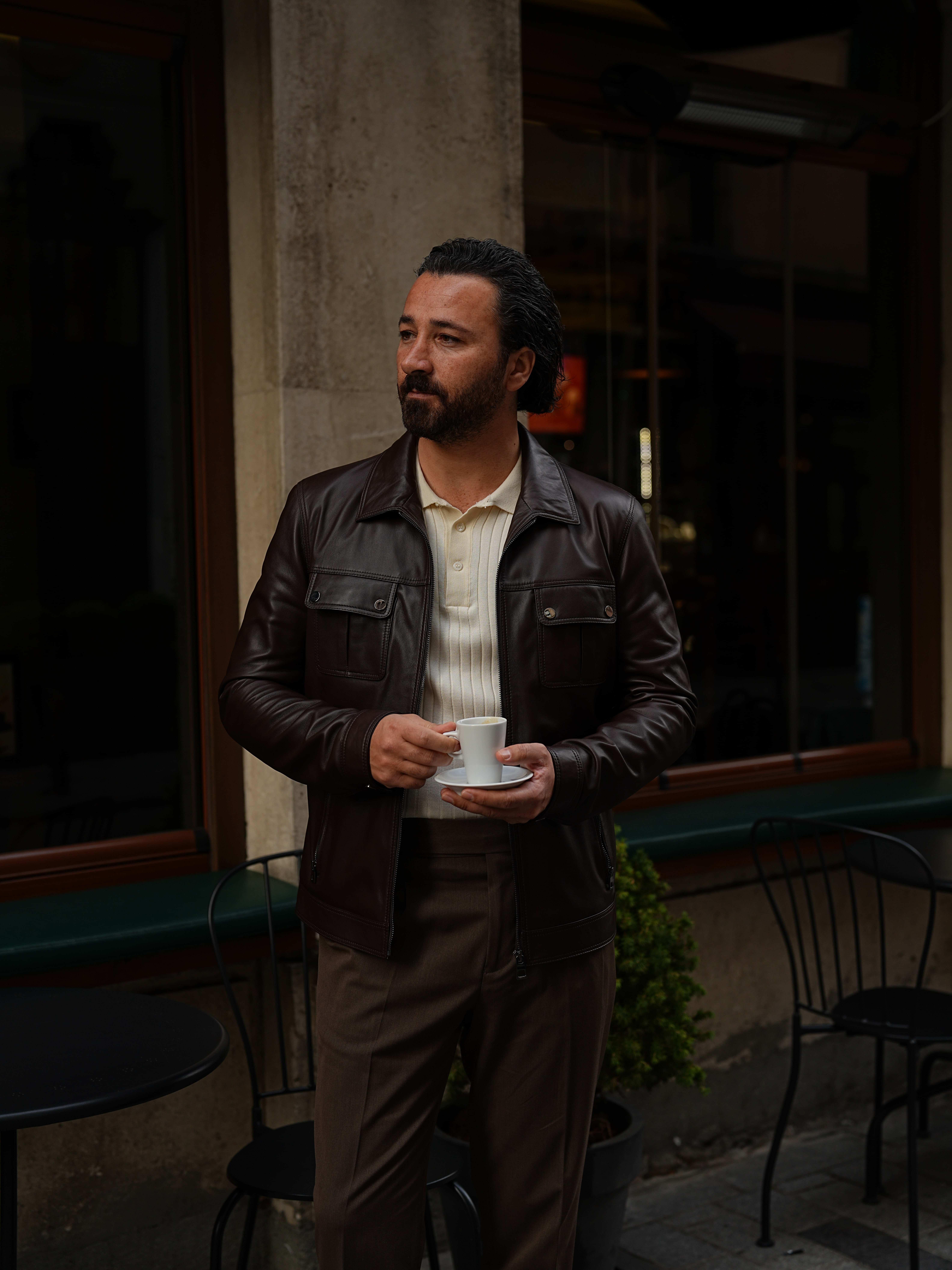 Erkek Slim Fit Fermuarlı Hakiki Naturel Deri Mont Ceket - Kahve