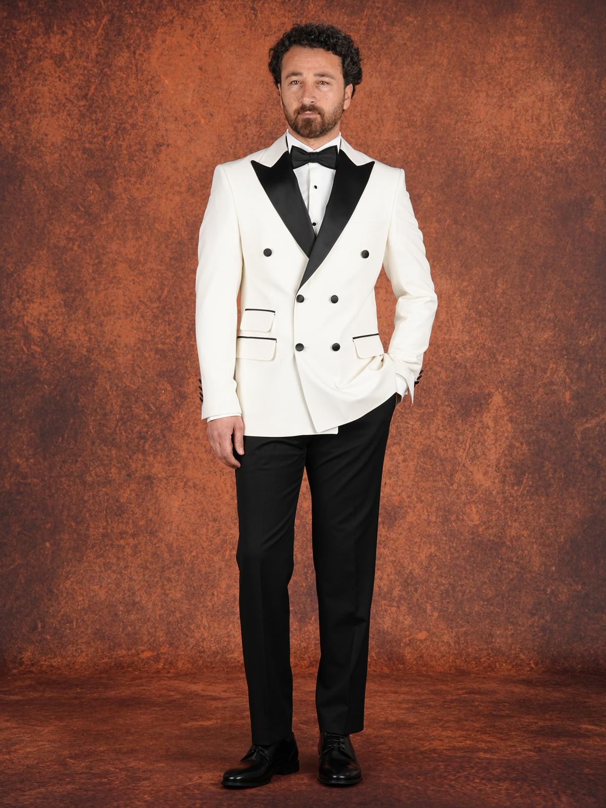 Erkek Premium Slim Fit İtalyan Stil  Damatlık Smokin Ceket Pantolon Papyon - Beyaz