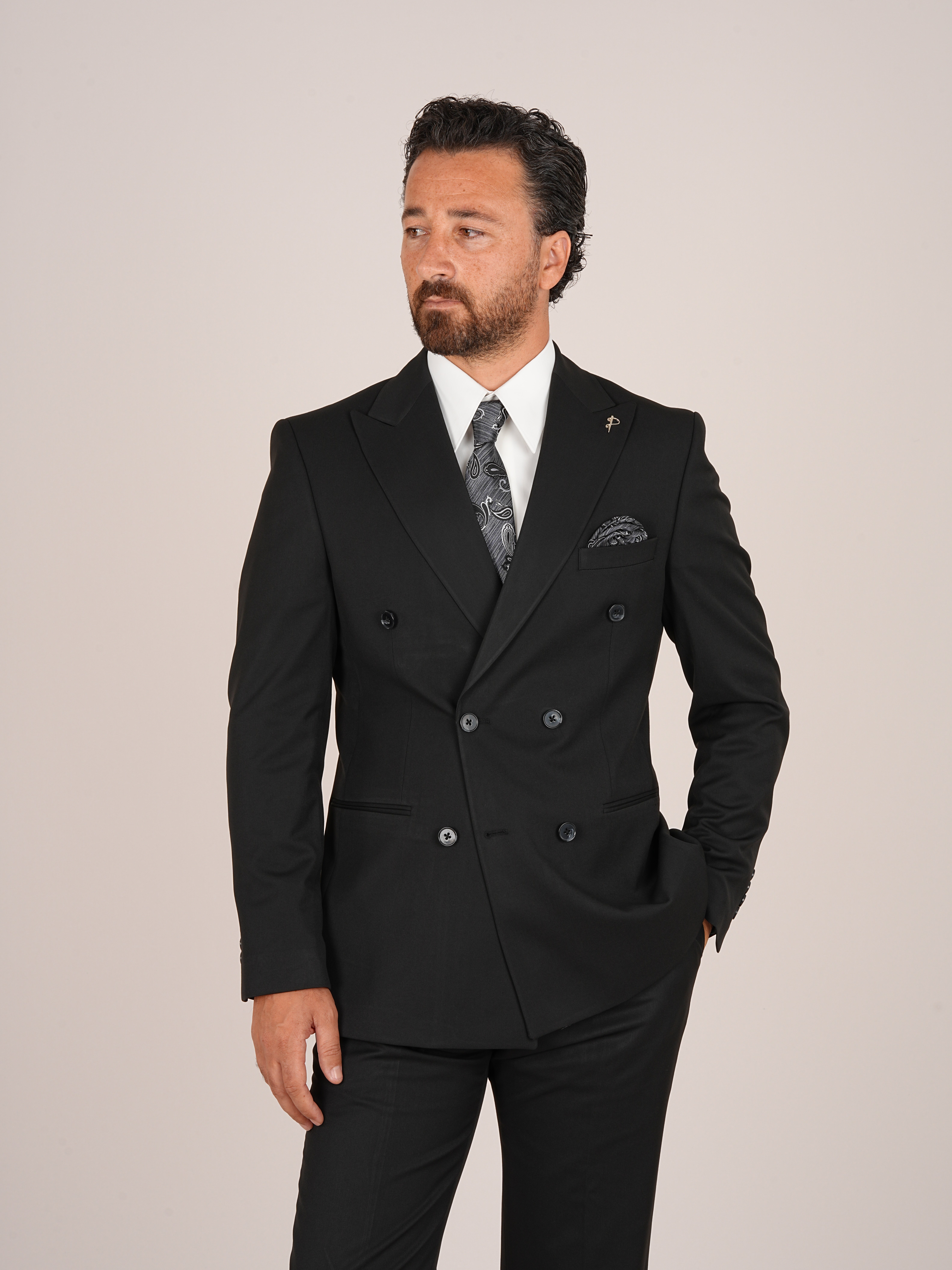 Erkek Kruvaze Takım Elbise Slim Fit İtalyan Stil Ceket Pantolon - Siyah