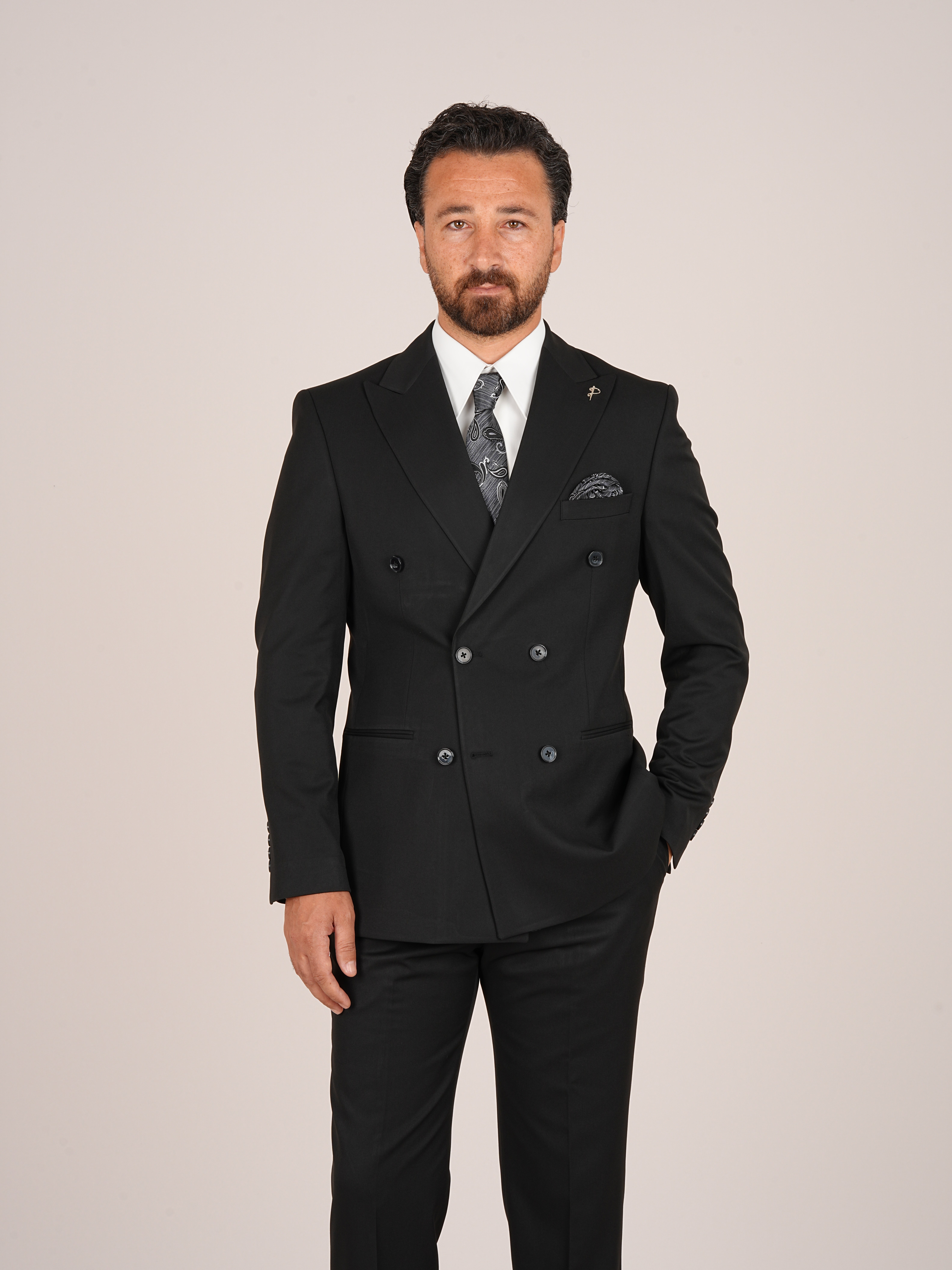 Erkek Kruvaze Takım Elbise Slim Fit İtalyan Stil Ceket Pantolon - Siyah