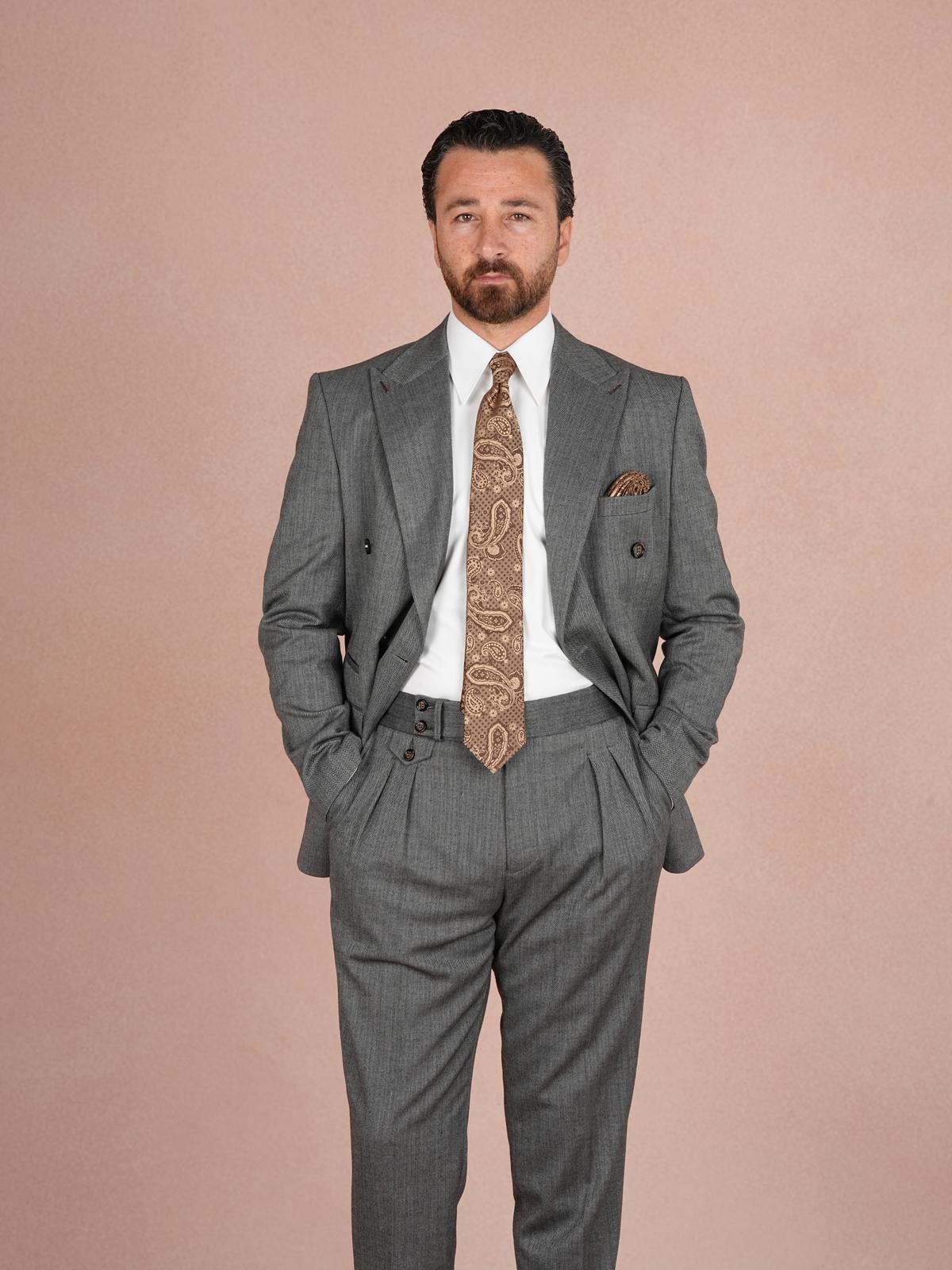 Premium Erkek  Kruvaze Takım Elbise Slim Fit İtalyan Stil Punto Dikişli Ceket Pantolon - Gri