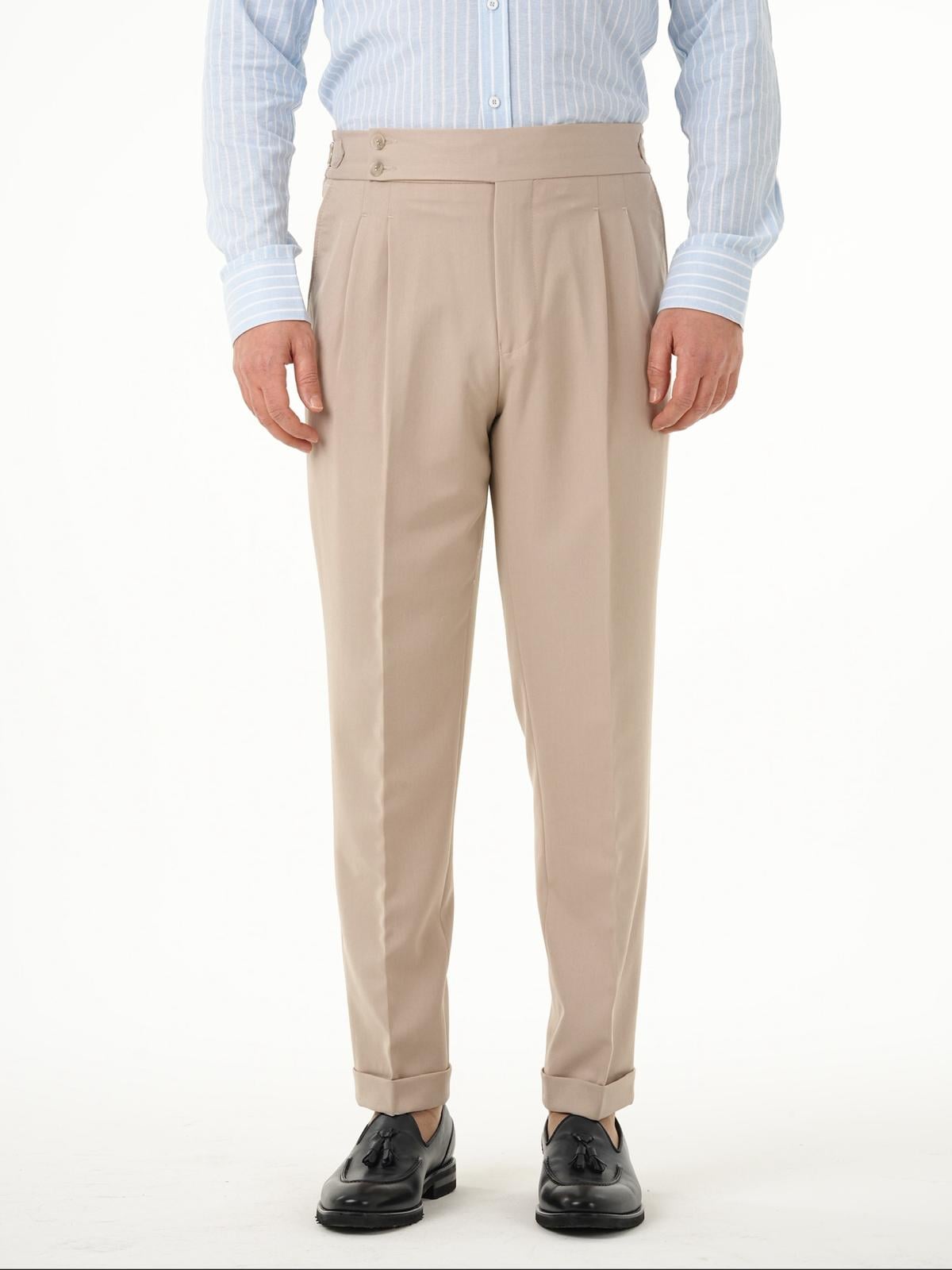 Erkek Regular Fit Yüksek Bel Piliseli Tokalı Kumaş Pantolon - Krem