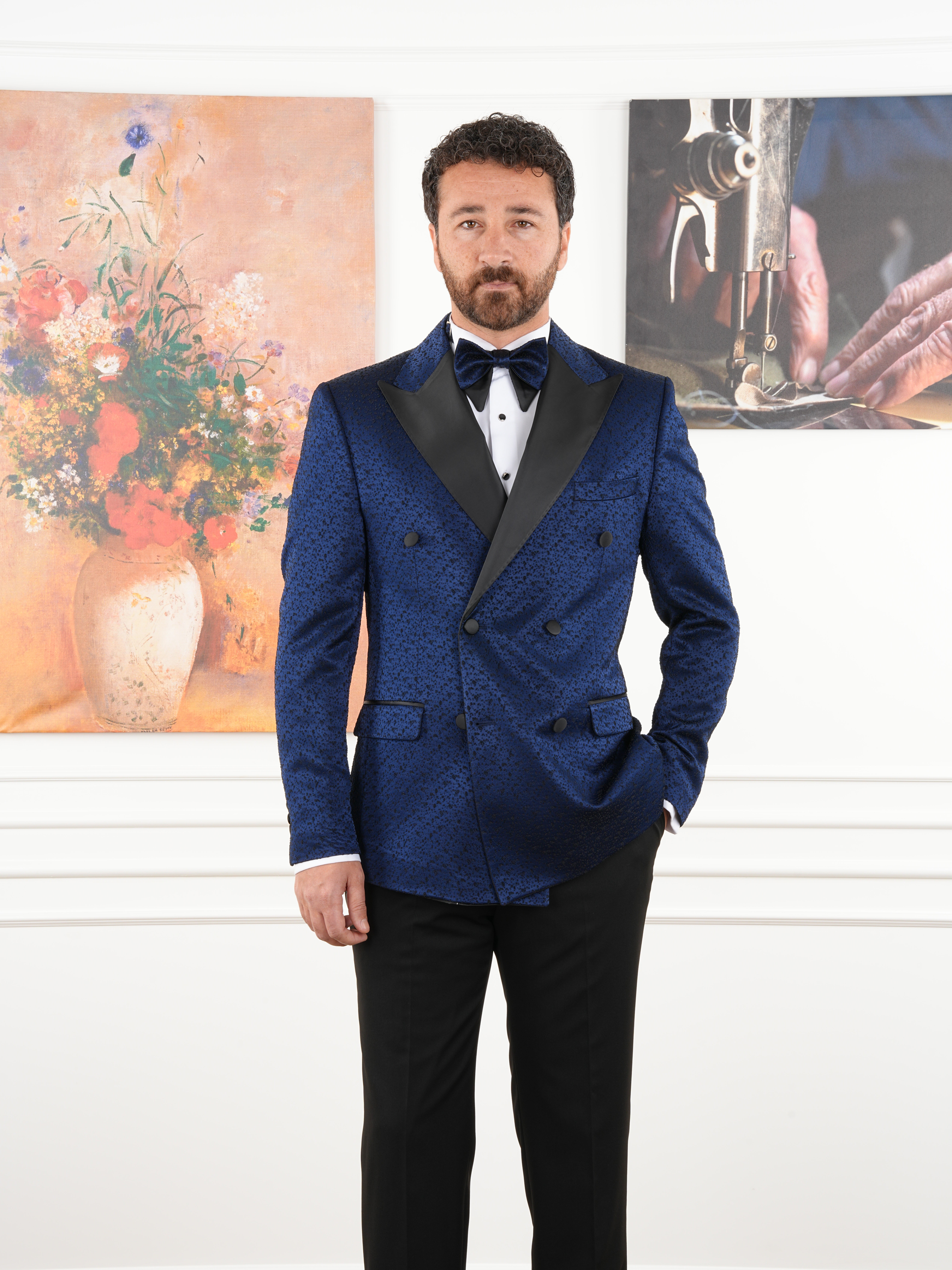 Erkek Slim Fit İtalyan Stil Jakar Desenli Damatlık Smokin Ceket Pantolon - Lacivert