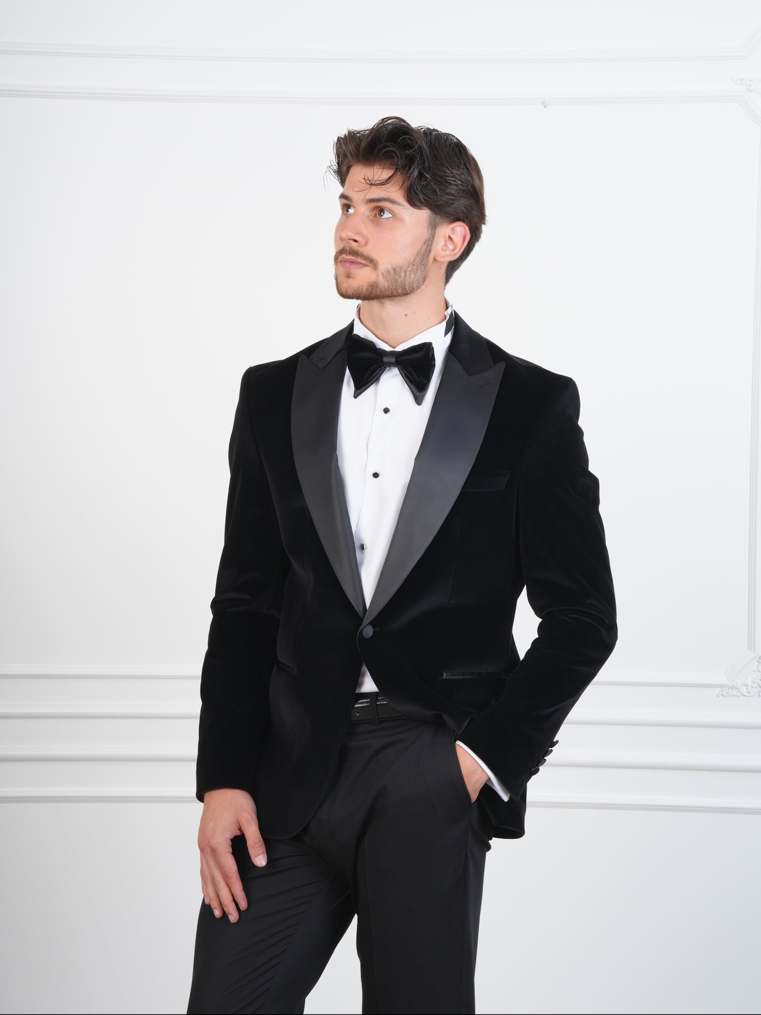 Erkek Premium Kadife Smokin Damatlık İtalyan Stil Slim Fit Ceket Pantolon Papyon - Siyah