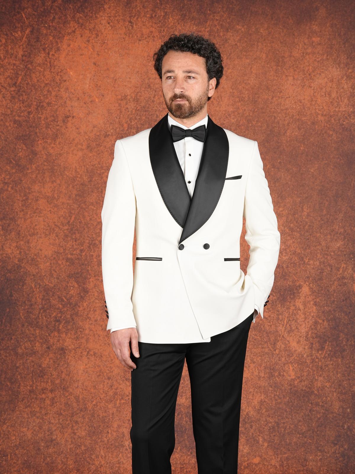 Erkek Premium Slim Fit İtalyan Stil Şal Yaka Damatlık Smokin Ceket Pantolon Papyon - Beyaz