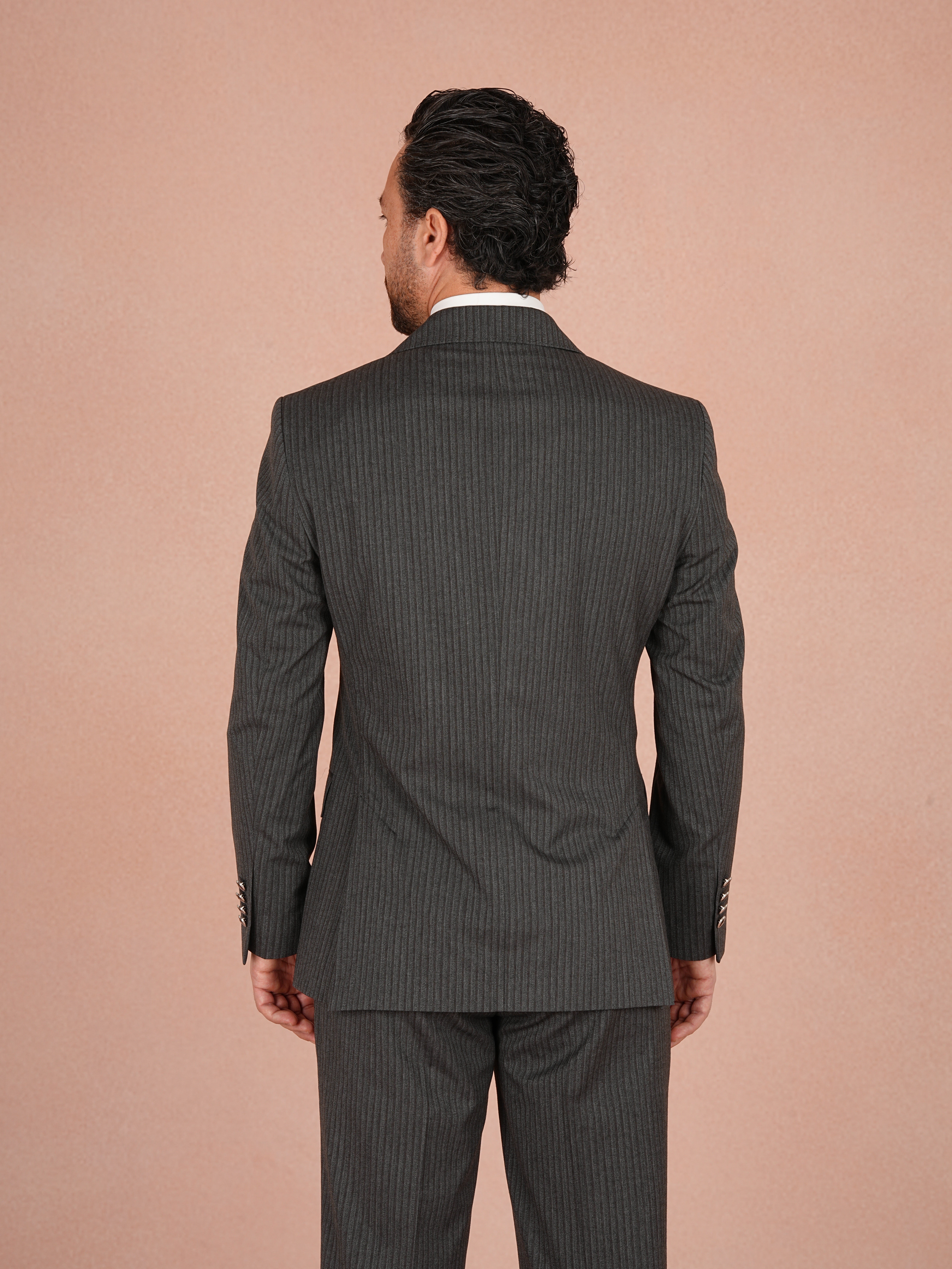 Premium Erkek Çizgili Kruvaze Takım Elbise Slim Fit İtalyan Stil Ceket Pantolon - Gri