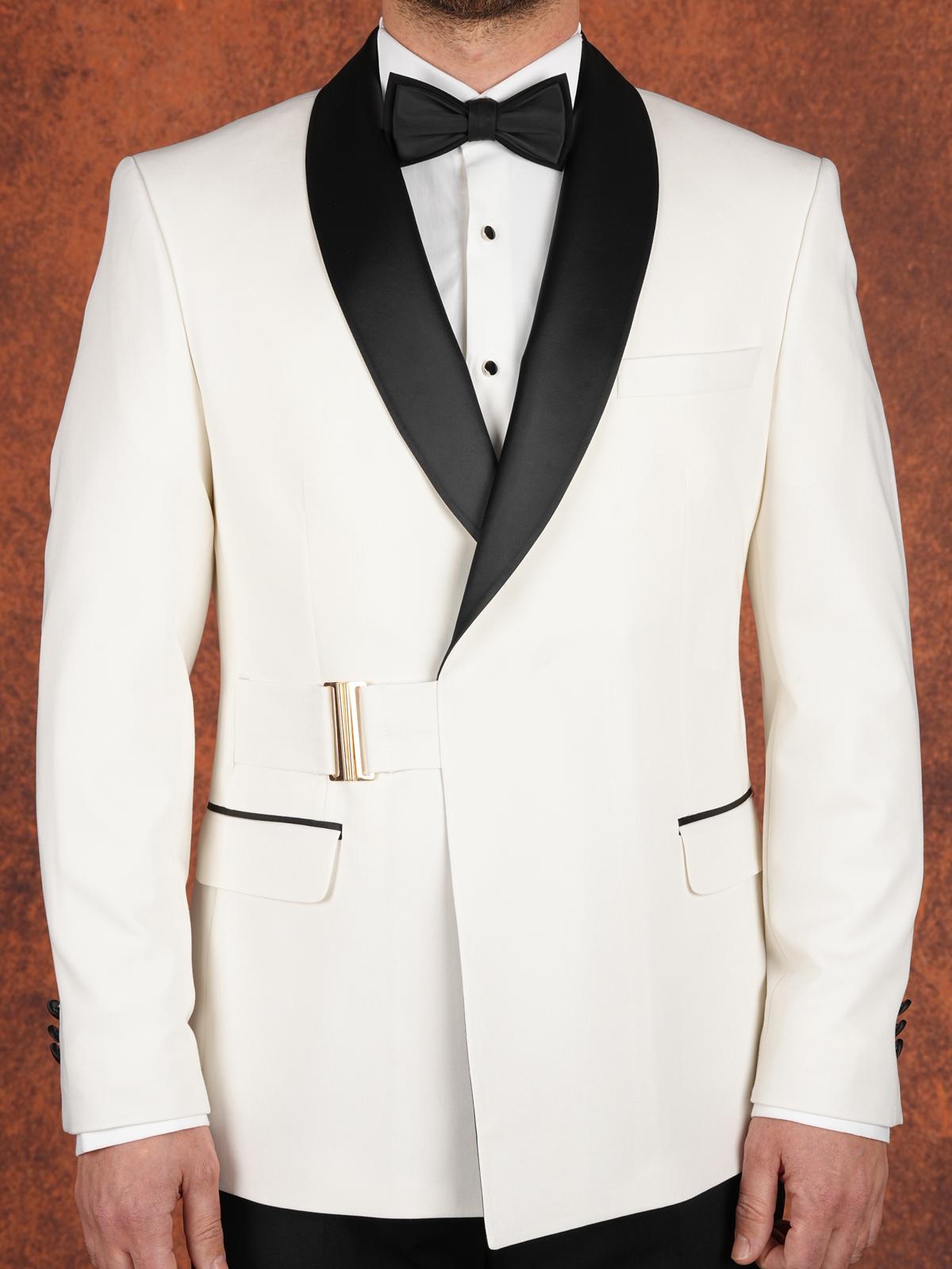 Erkek Premium Slim Fit İtalyan Stil Şal Yaka Gümüş Toka Damatlık Smokin Ceket Pantolon Papyon - Beyaz