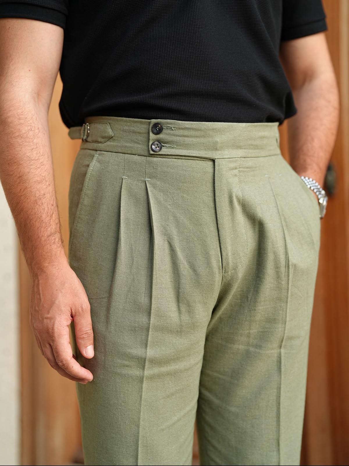 Erkek Regular Fit Yüksek Bel Piliseli Tokalı Kumaş Pantolon - Haki