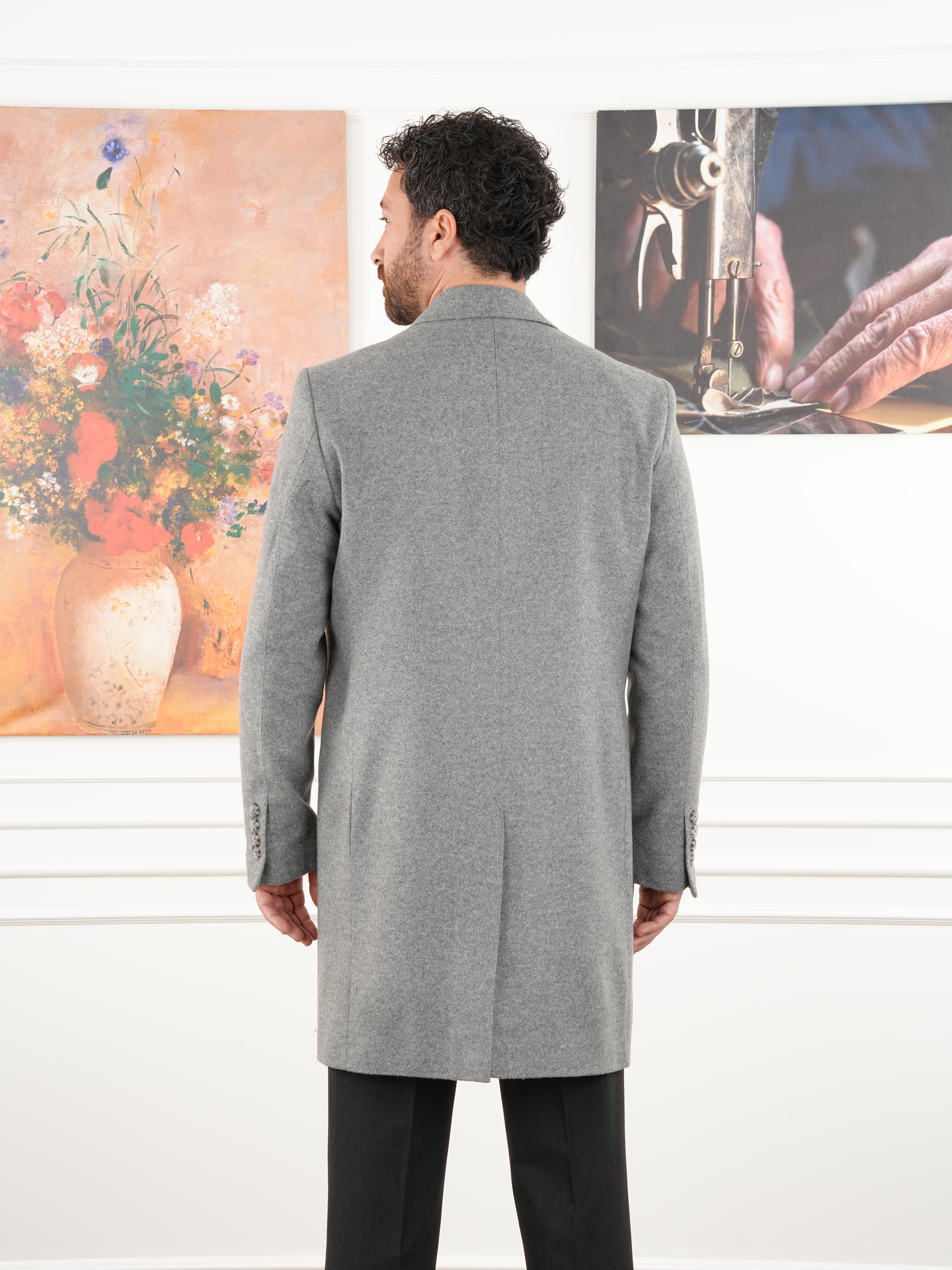 Erkek Premium İtalyan Stil Slim Fit Mono Yaka Kaşe Kaban - Gri