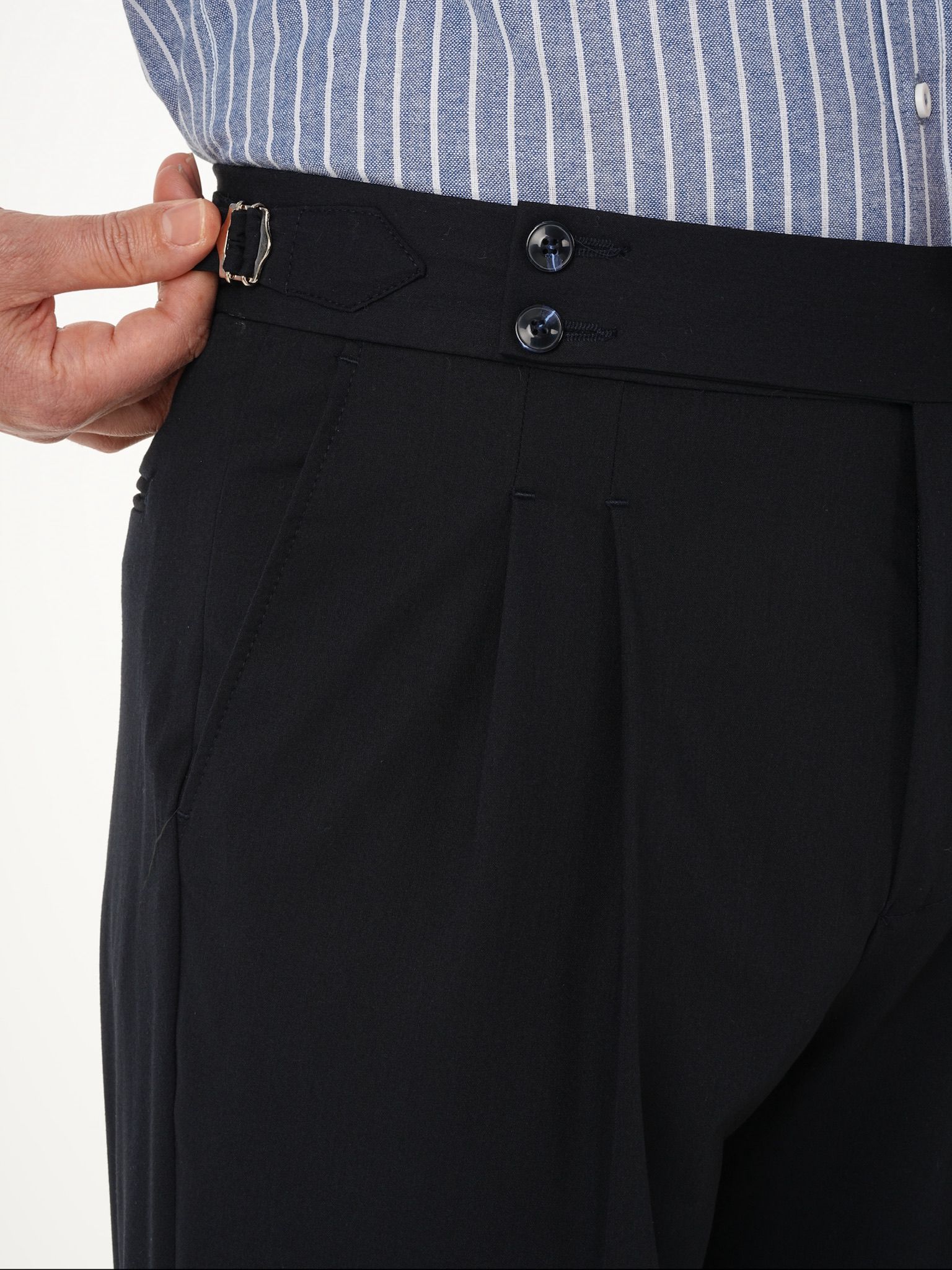 Erkek Regular Fit Yüksek Bel Piliseli Tokalı Kumaş Pantolon - Koyu Lacivert