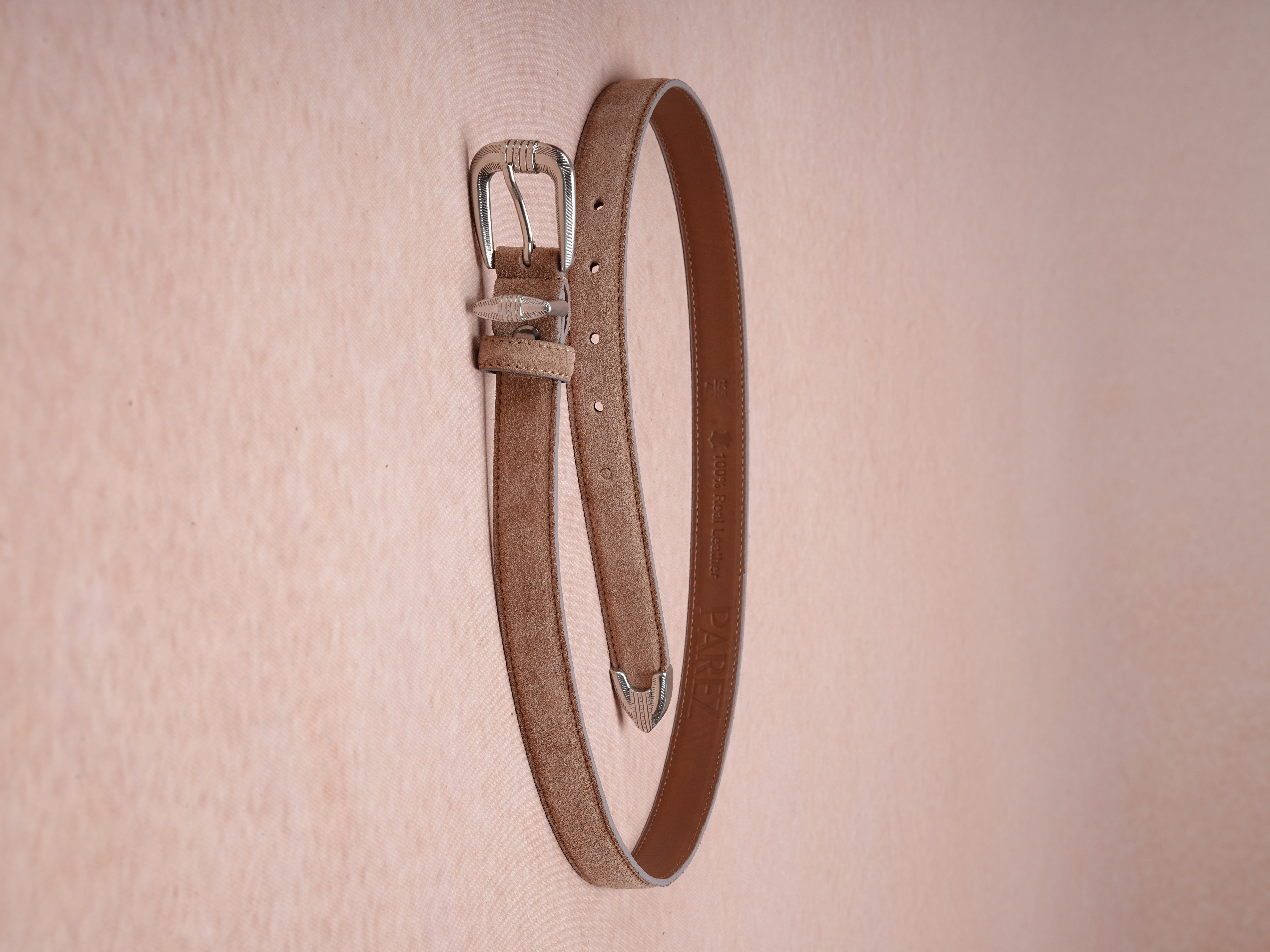 Erkek %100 Hakiki Süet Deri Ince Kalay Kaplama Beyaz Tokalı Kemer 2.5 Cm - Krem