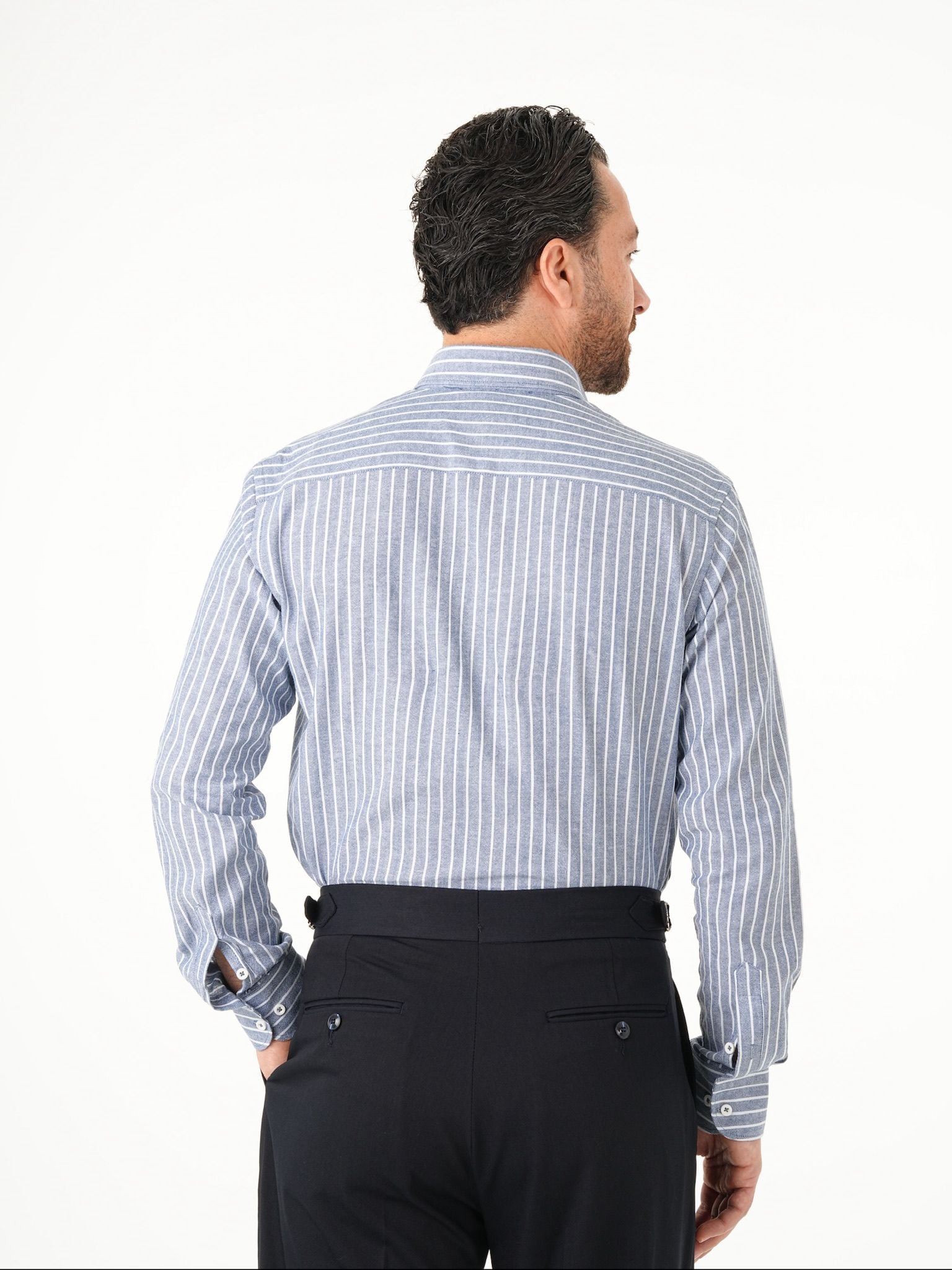 Premium Erkek Regular Fit Çizgili Keten Gömlek - Mavi