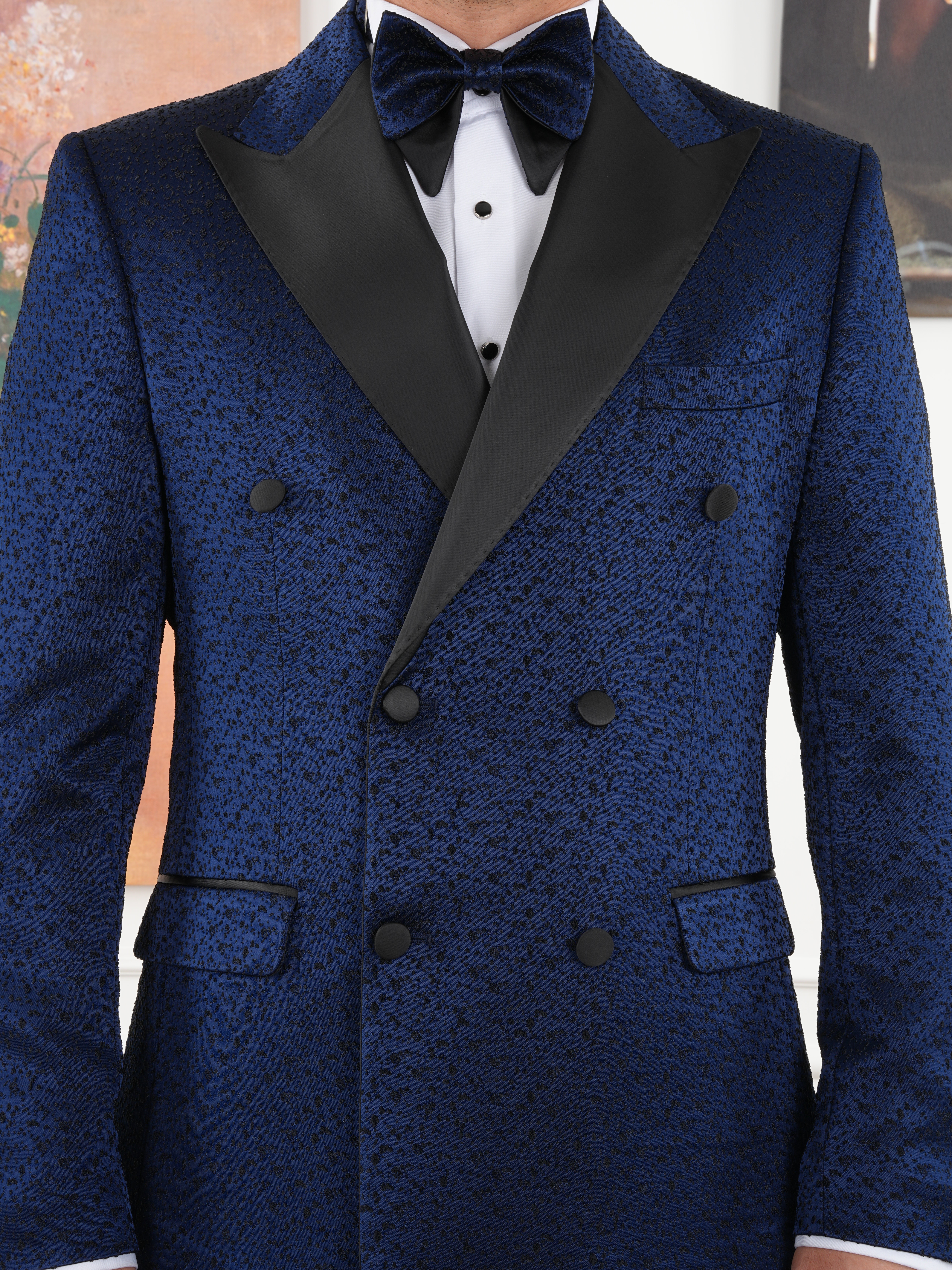 Erkek Slim Fit İtalyan Stil Jakar Desenli Damatlık Smokin Ceket Pantolon - Lacivert