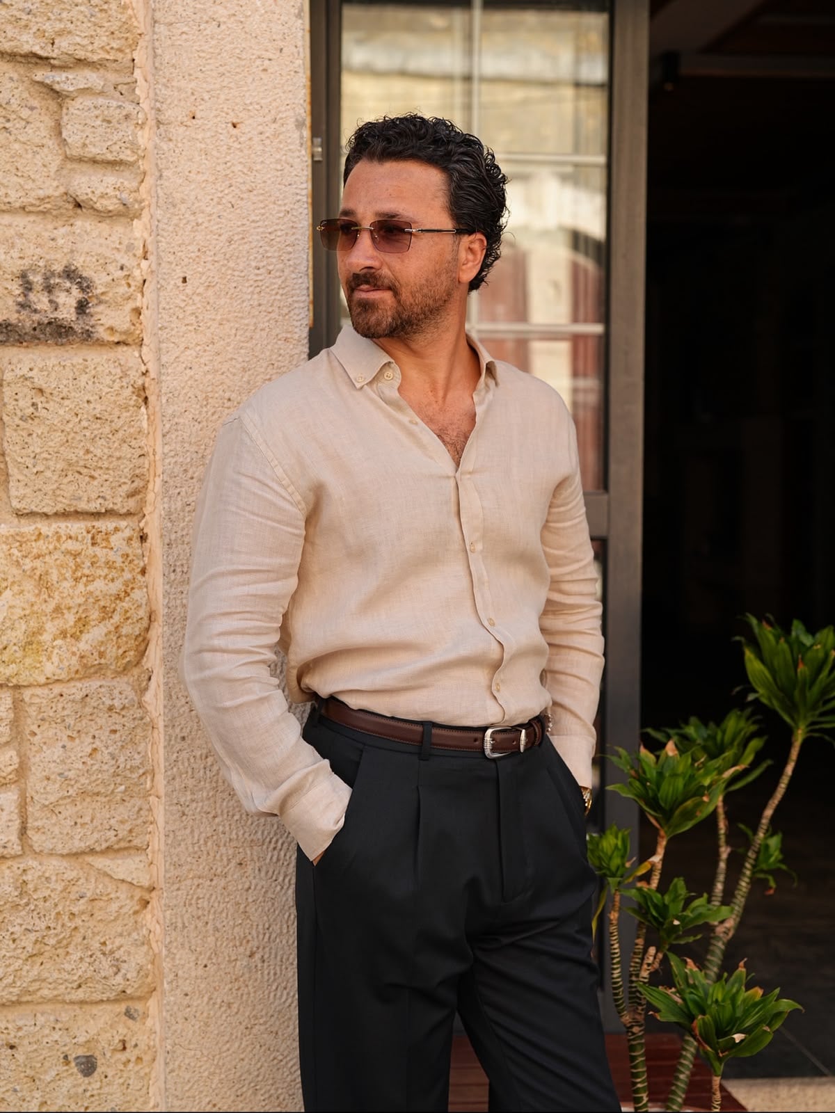 PAREZ Keten Gömlek Modern Fit Yaka Düğmeli - Krem