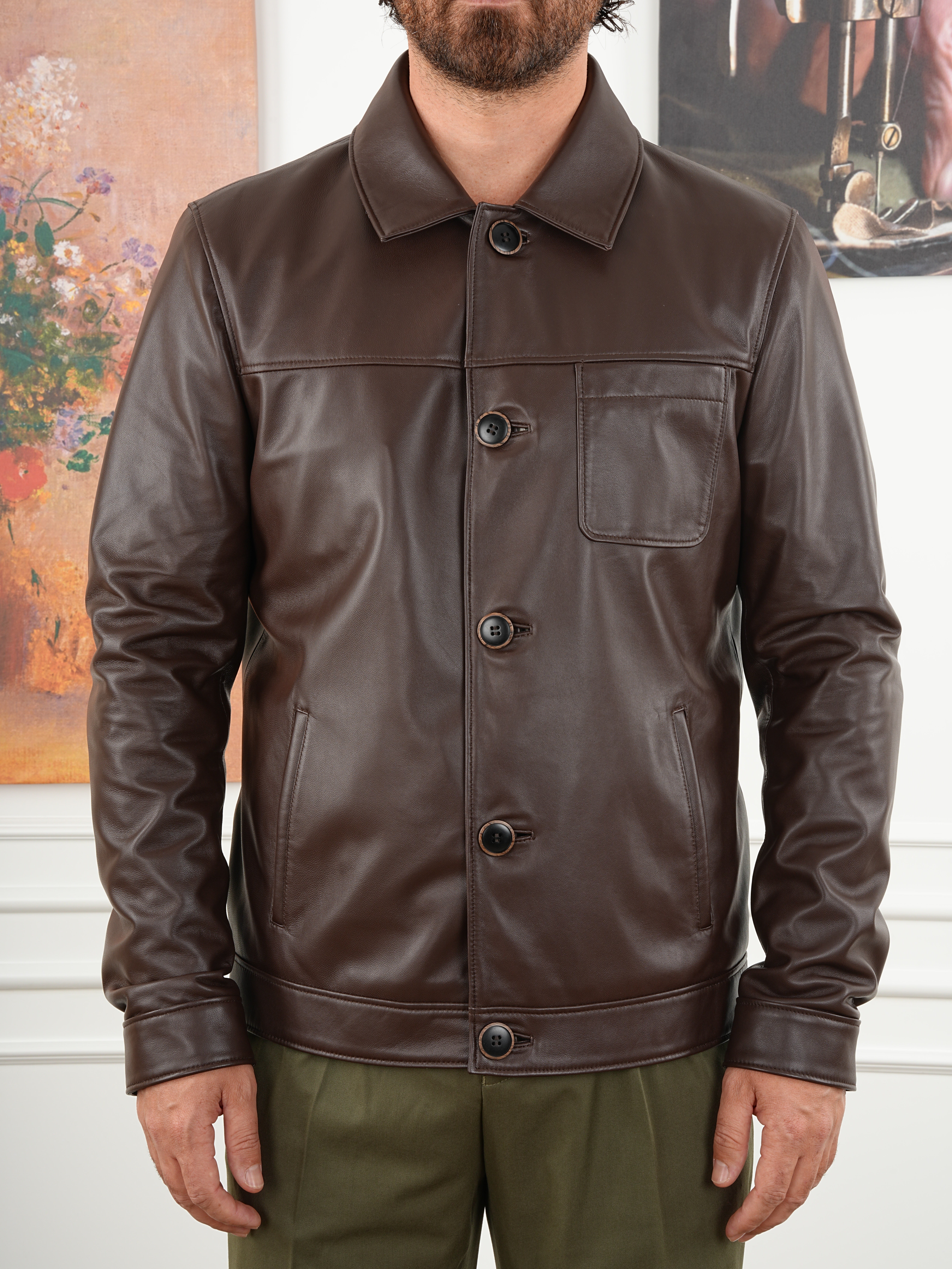 Erkek Slim Fit Düğmeli Hakiki Naturel Deri Mont Deri - Kahve