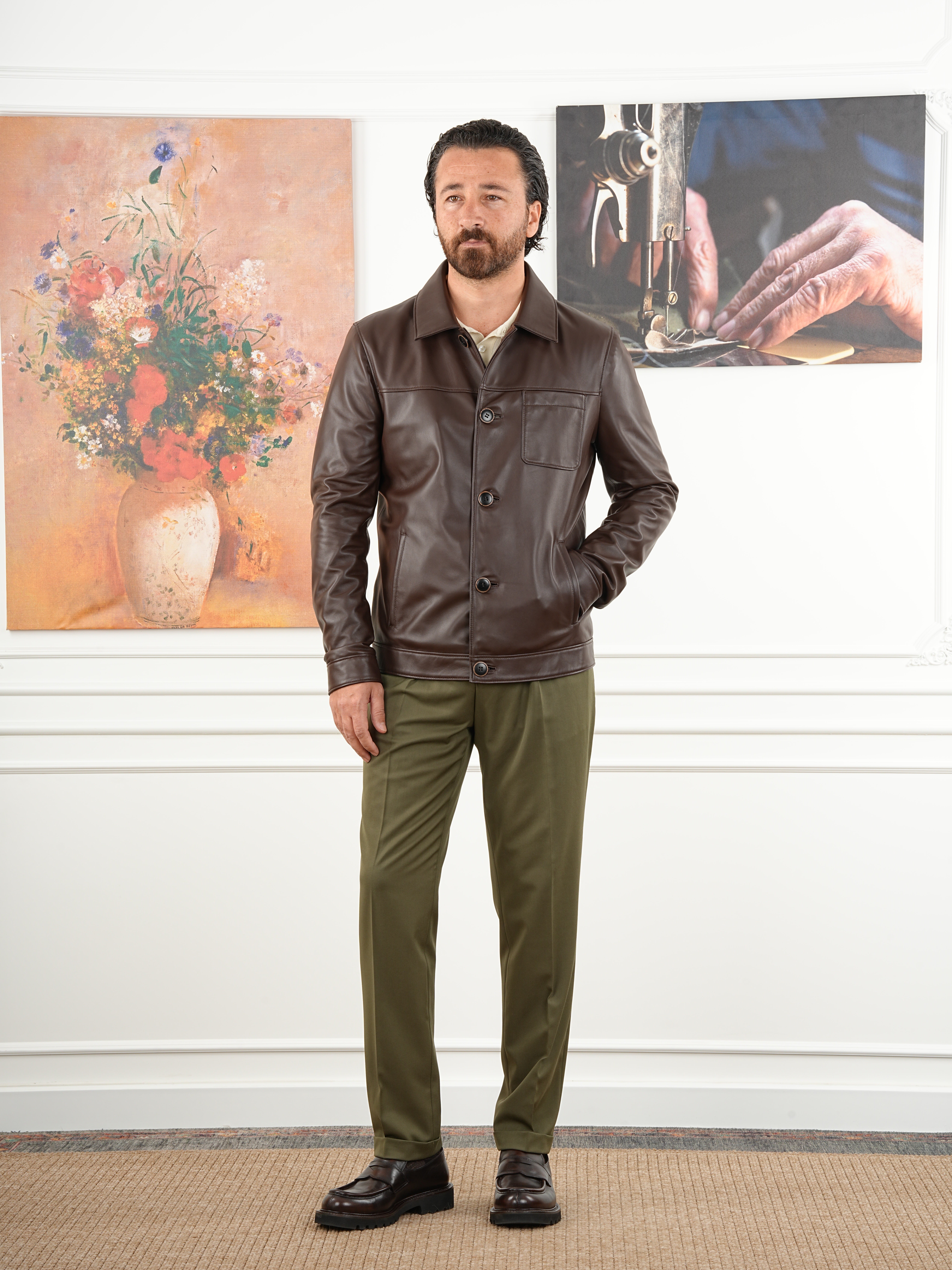 Erkek Slim Fit Düğmeli Hakiki Naturel Deri Mont Deri - Kahve