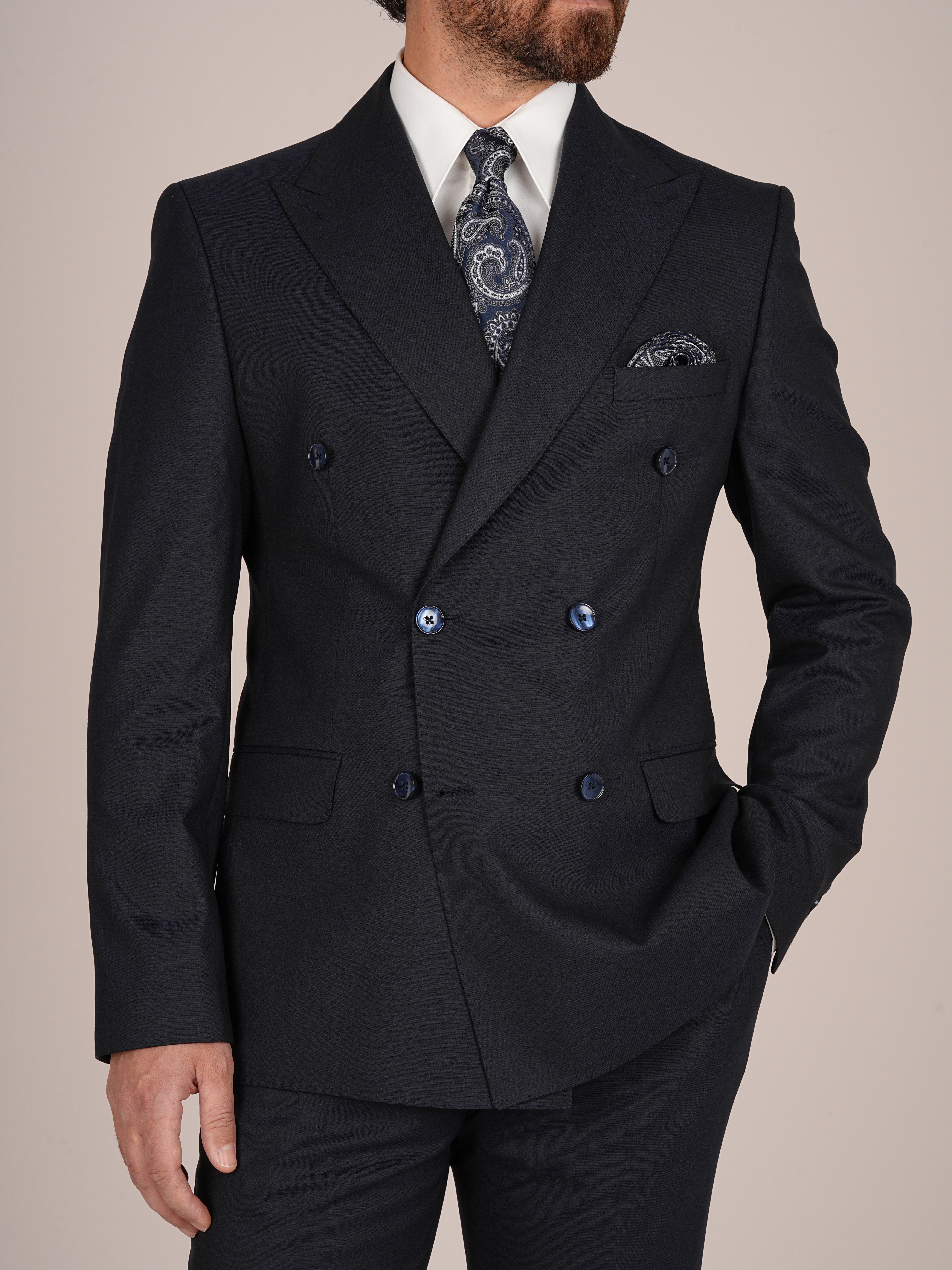 Erkek Slim Fit İtalyan Stil Kruvaze Takım Elbise Ceket Pantolon - Lacivert