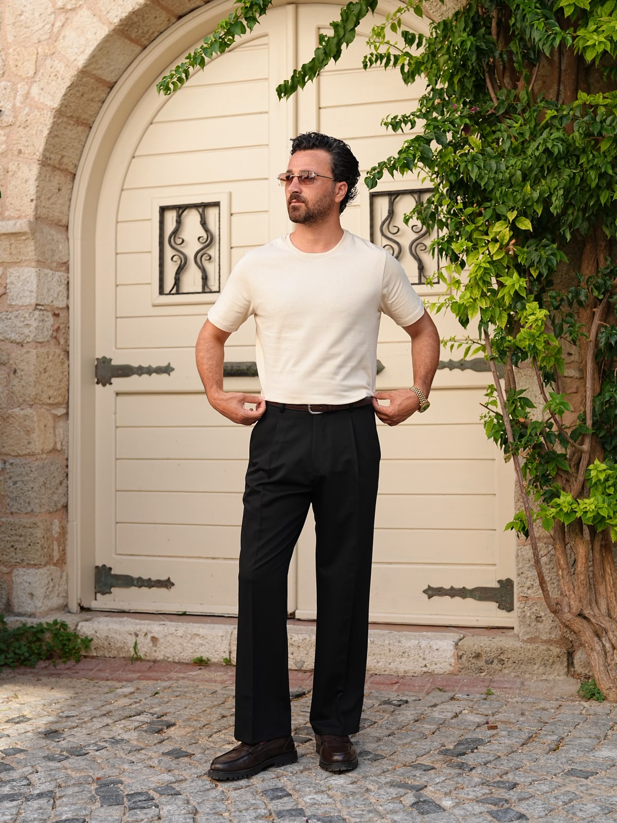Erkek Beyaz Pamuk Slim Fit Dar Kesim Bisiklet Yaka Basic Tişört - Bej