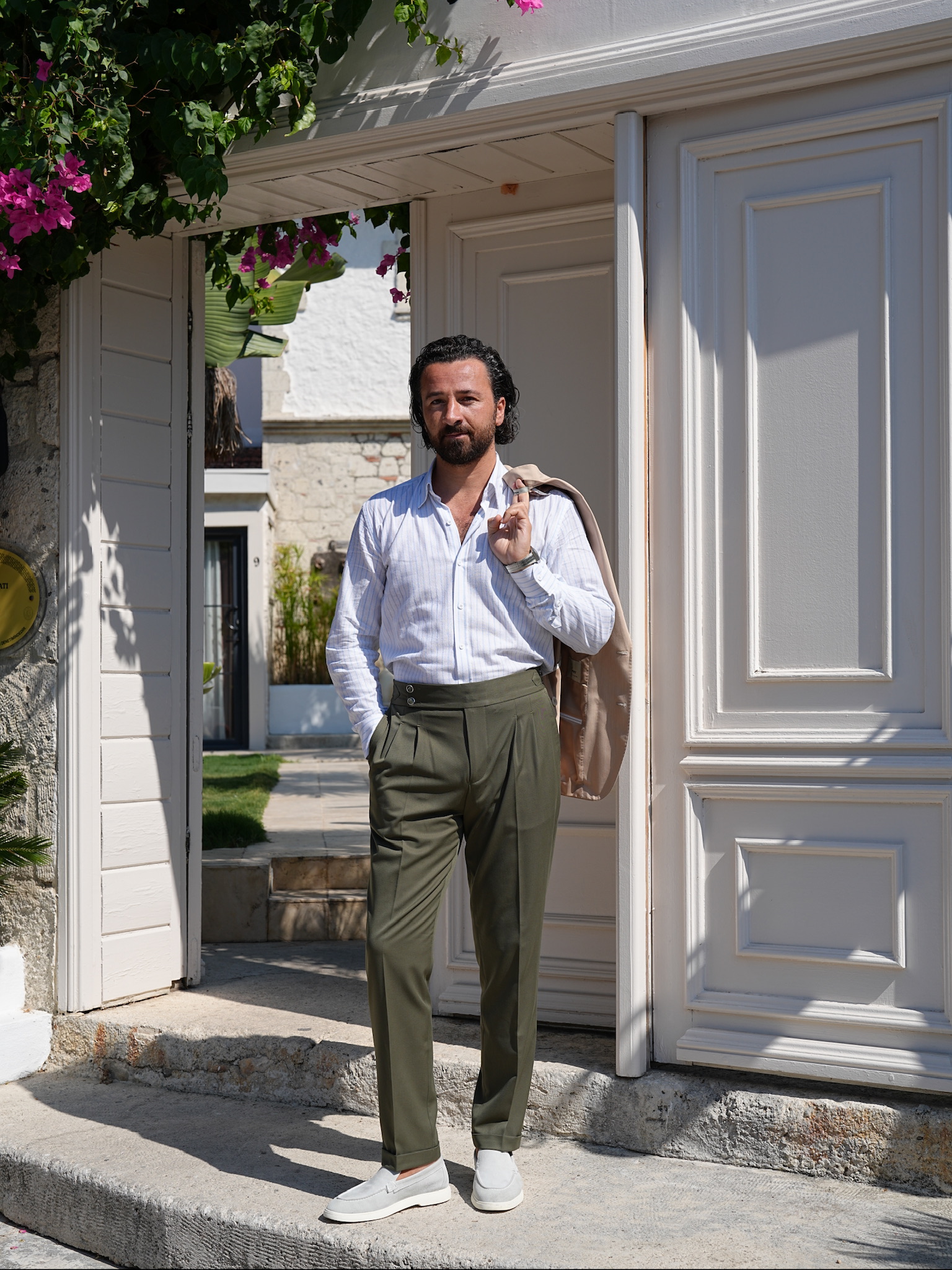 Erkek Regular Fit Yüksek Bel Piliseli Tokalı Kumaş Pantolon - Haki