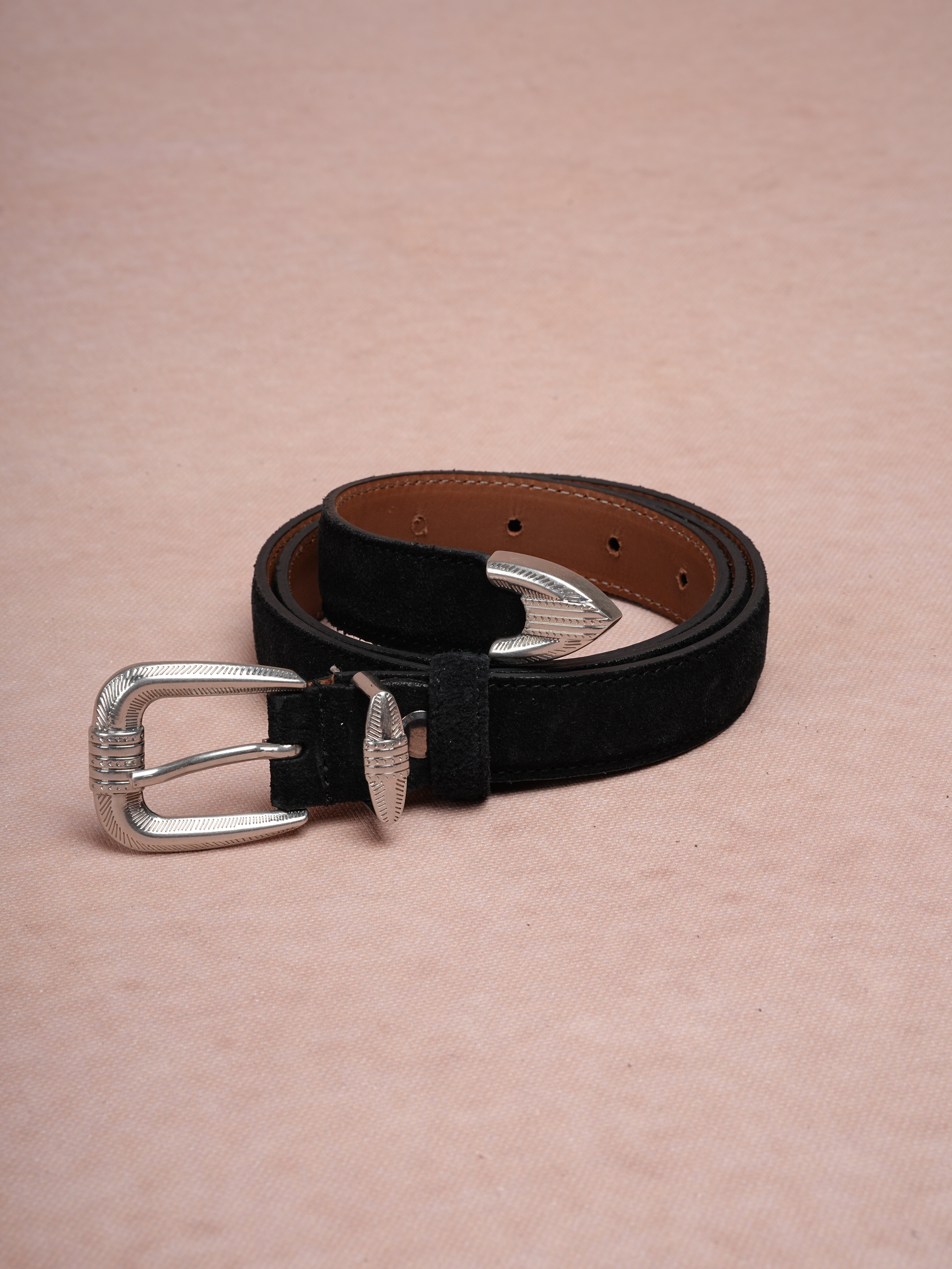 Erkek %100 Hakiki Süet Deri Ince Kalay Kaplama Beyaz Tokalı Kemer 2.5 Cm - Siyah