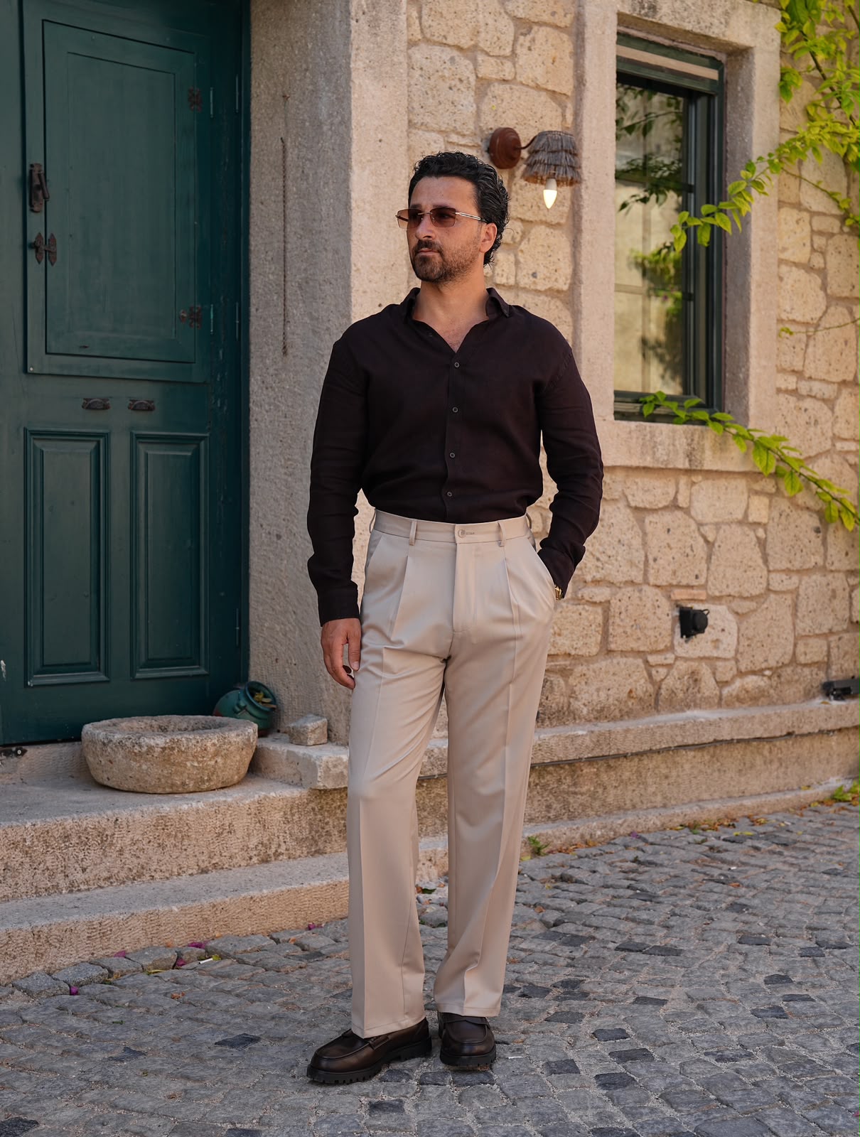 PAREZ Keten Gömlek Modern Fit Yaka Düğmeli - Acı Kahve