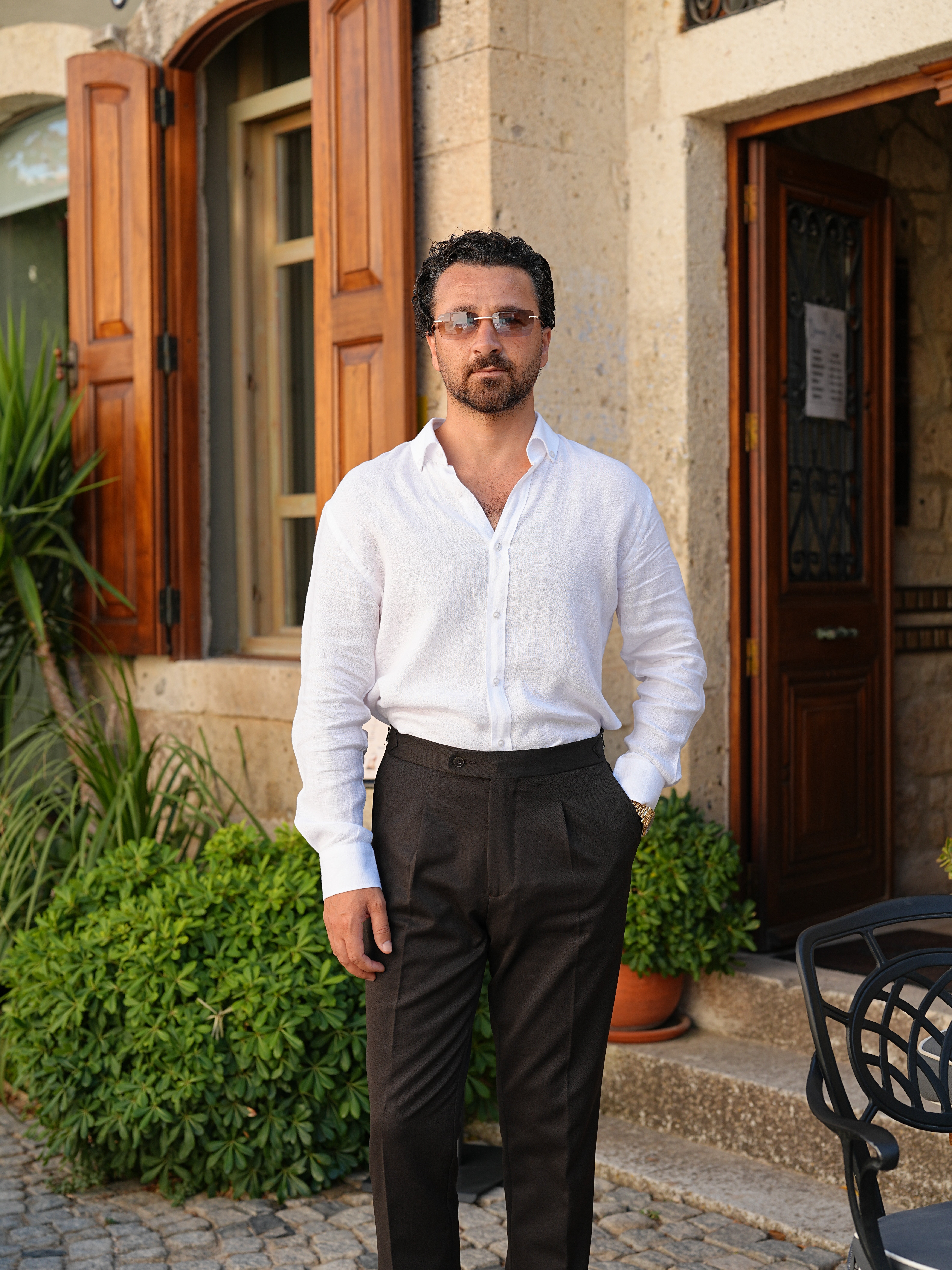 PAREZ Keten Gömlek Modern Fit Yaka Düğmeli - Beyaz