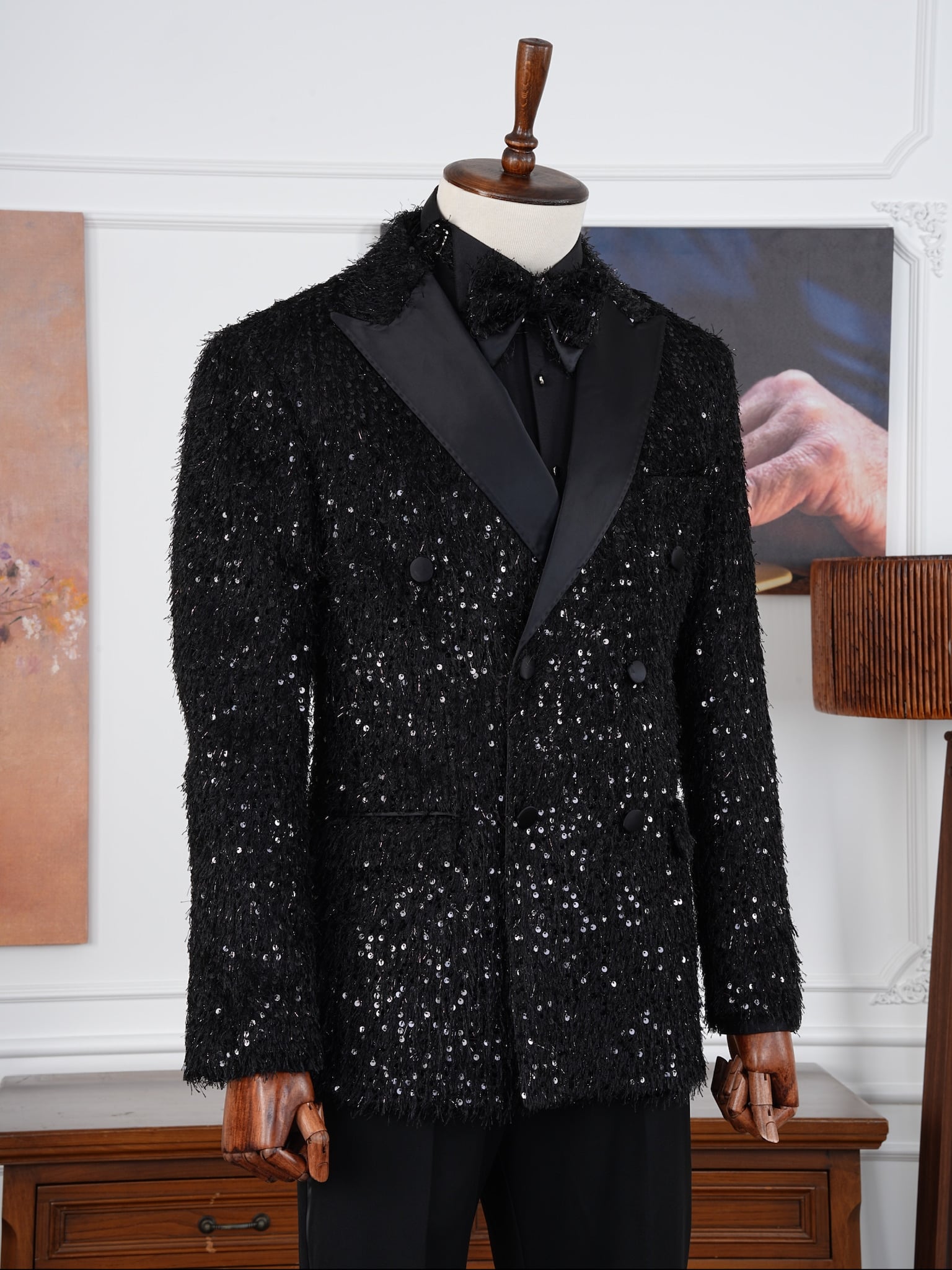 Erkek Slim Fit İtalyan Stil Kruvaze Smokin Damatlık Ceket Pantolon - Siyah