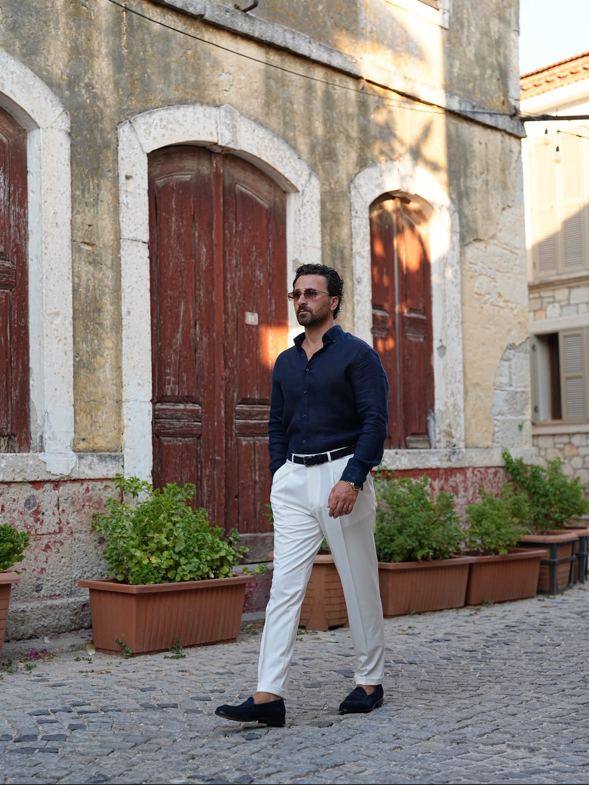 PAREZ Keten Gömlek Modern Fit Yaka Düğmeli - Lacivert