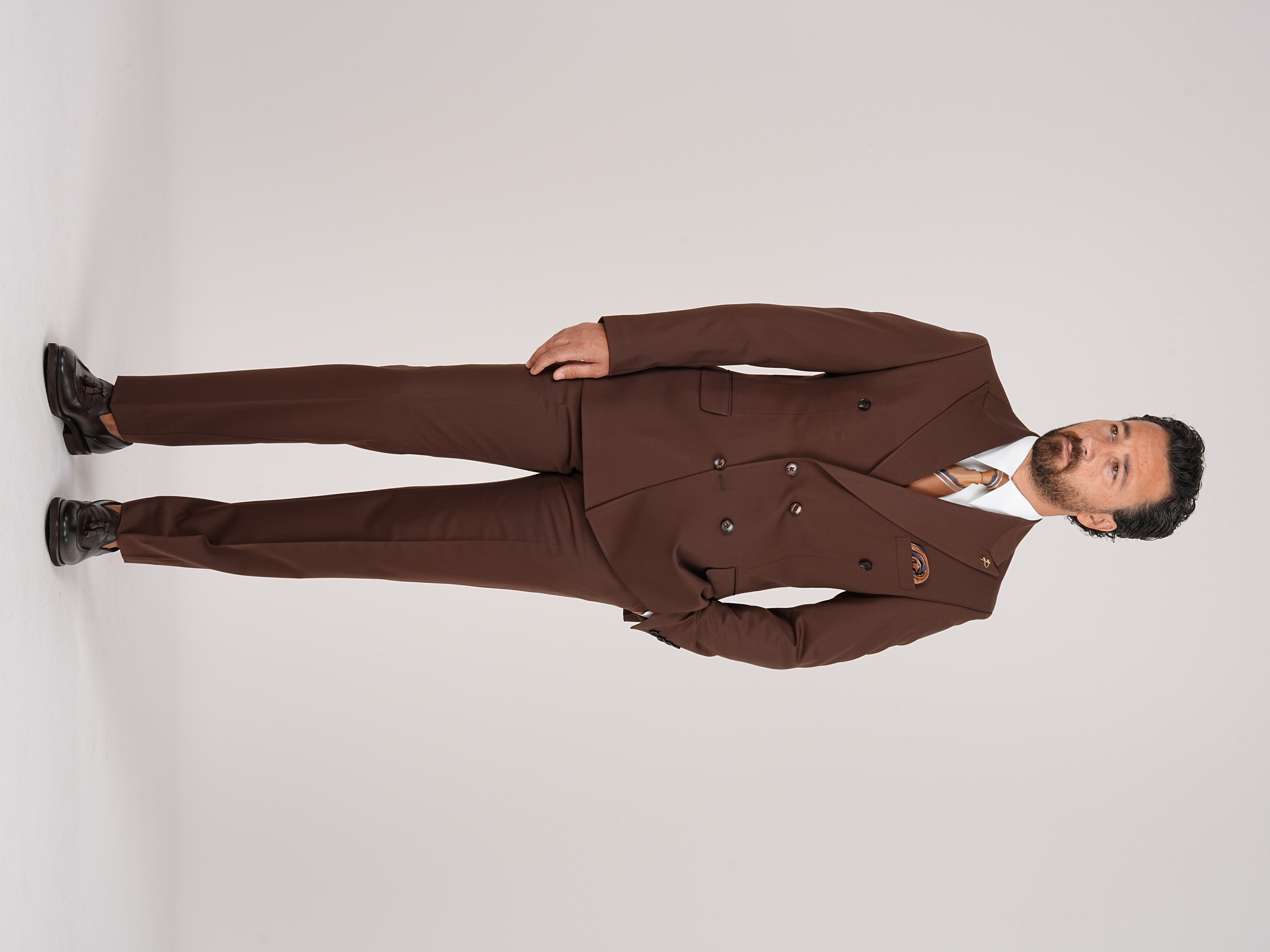 Premium Mens Double-Breasted italian Slim-Fit Suit Jacket & Trousers - Brown