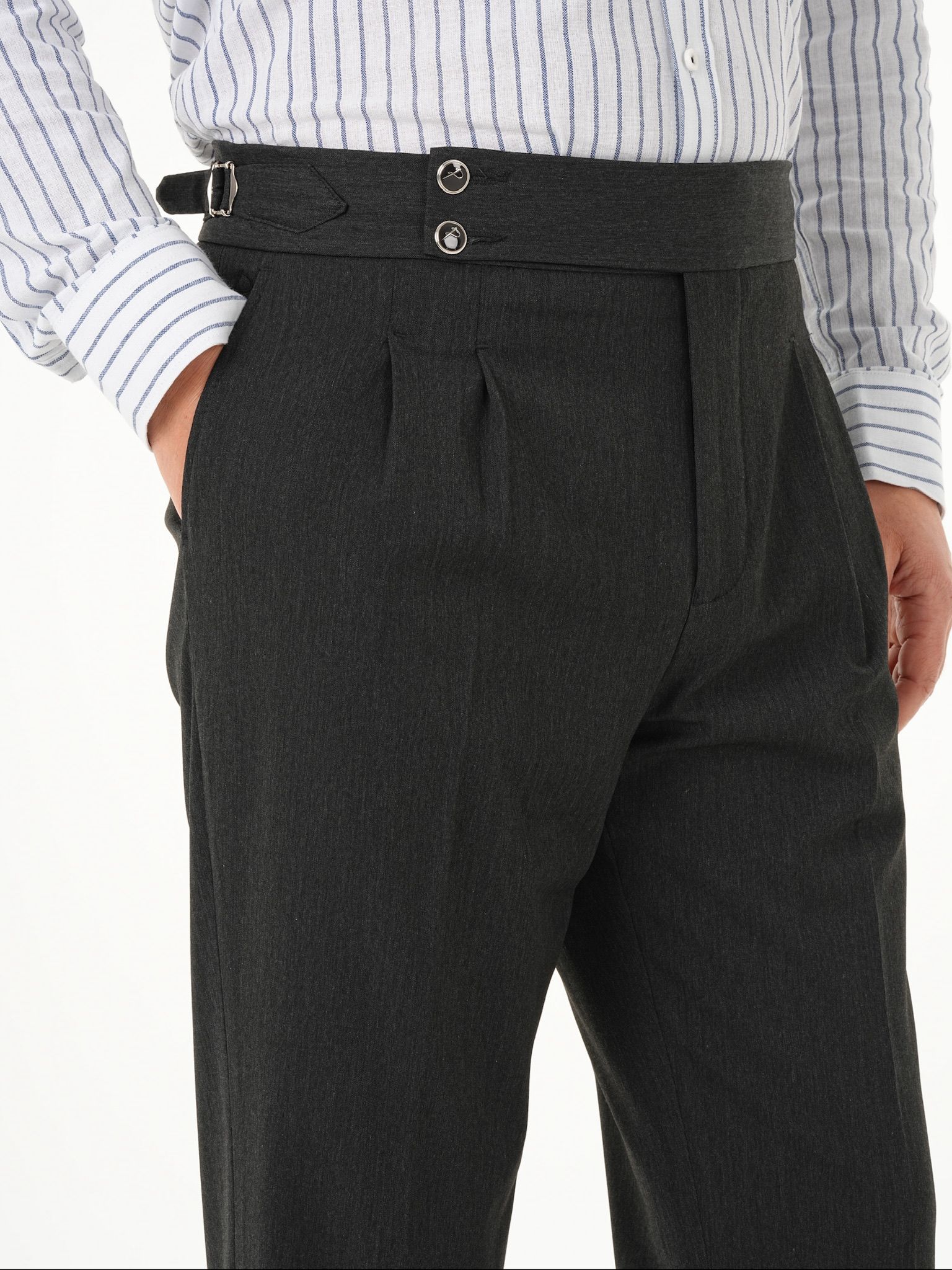 Erkek Regular Fit Yüksek Bel Piliseli Tokalı Kumaş Pantolon - Antrasit