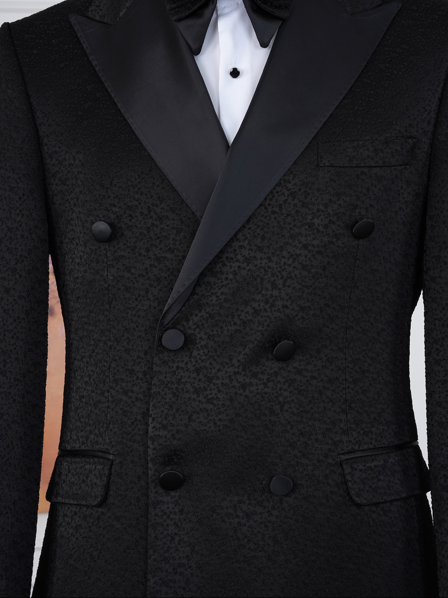 Erkek Slim Fit İtalyan Stil Jakar Desenli Damatlık Smokin Ceket Pantolon - Siyah