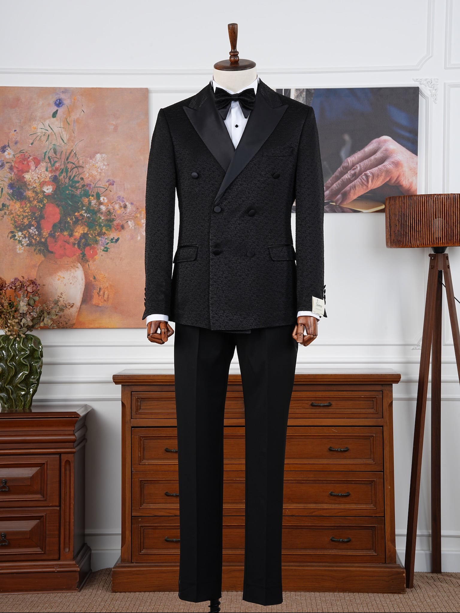 Erkek Slim Fit İtalyan Stil Jakar Desenli Damatlık Smokin Ceket Pantolon - Siyah