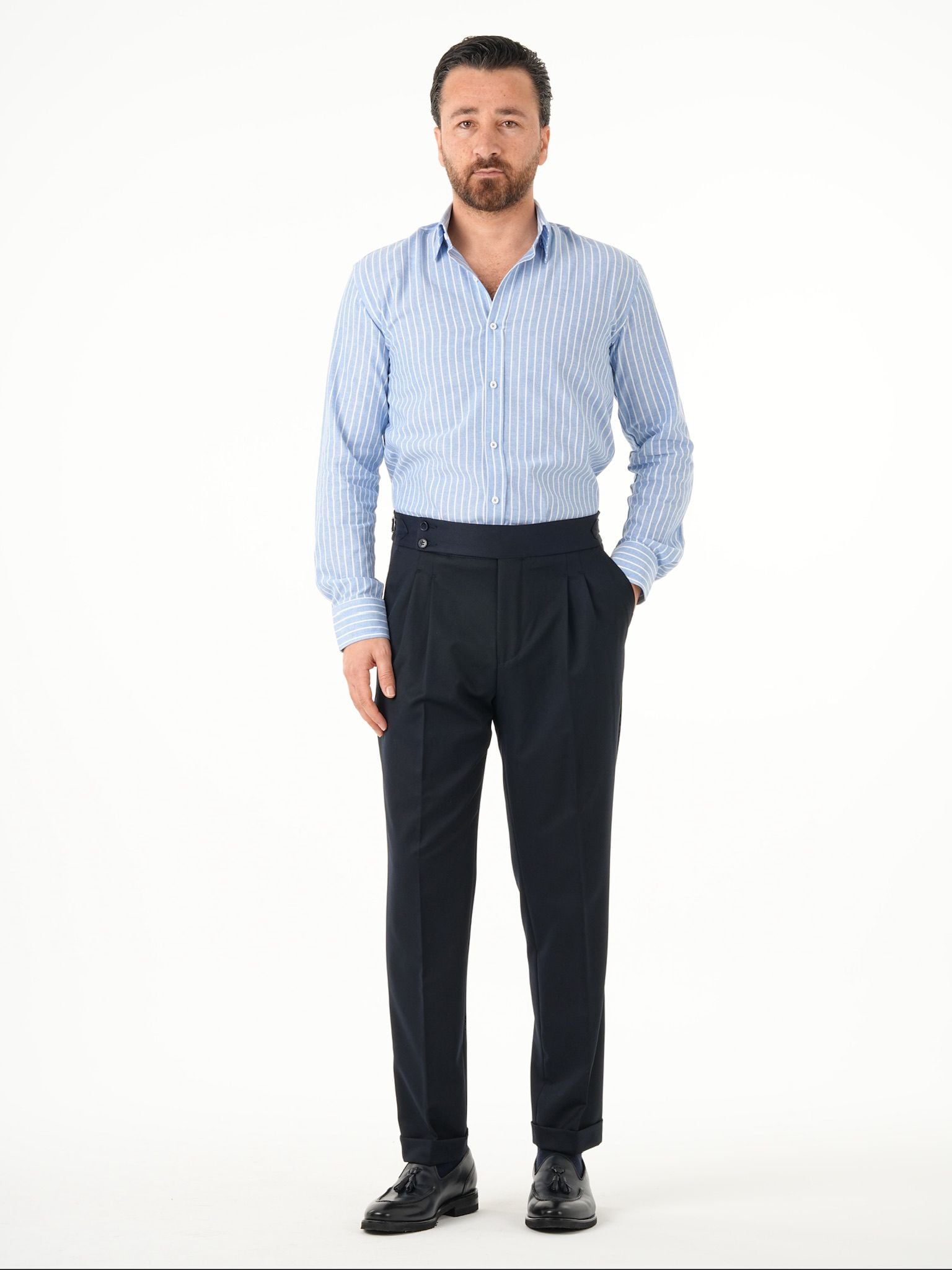 Erkek Regular Fit Yüksek Bel Piliseli Tokalı Kumaş Pantolon - Lacivert