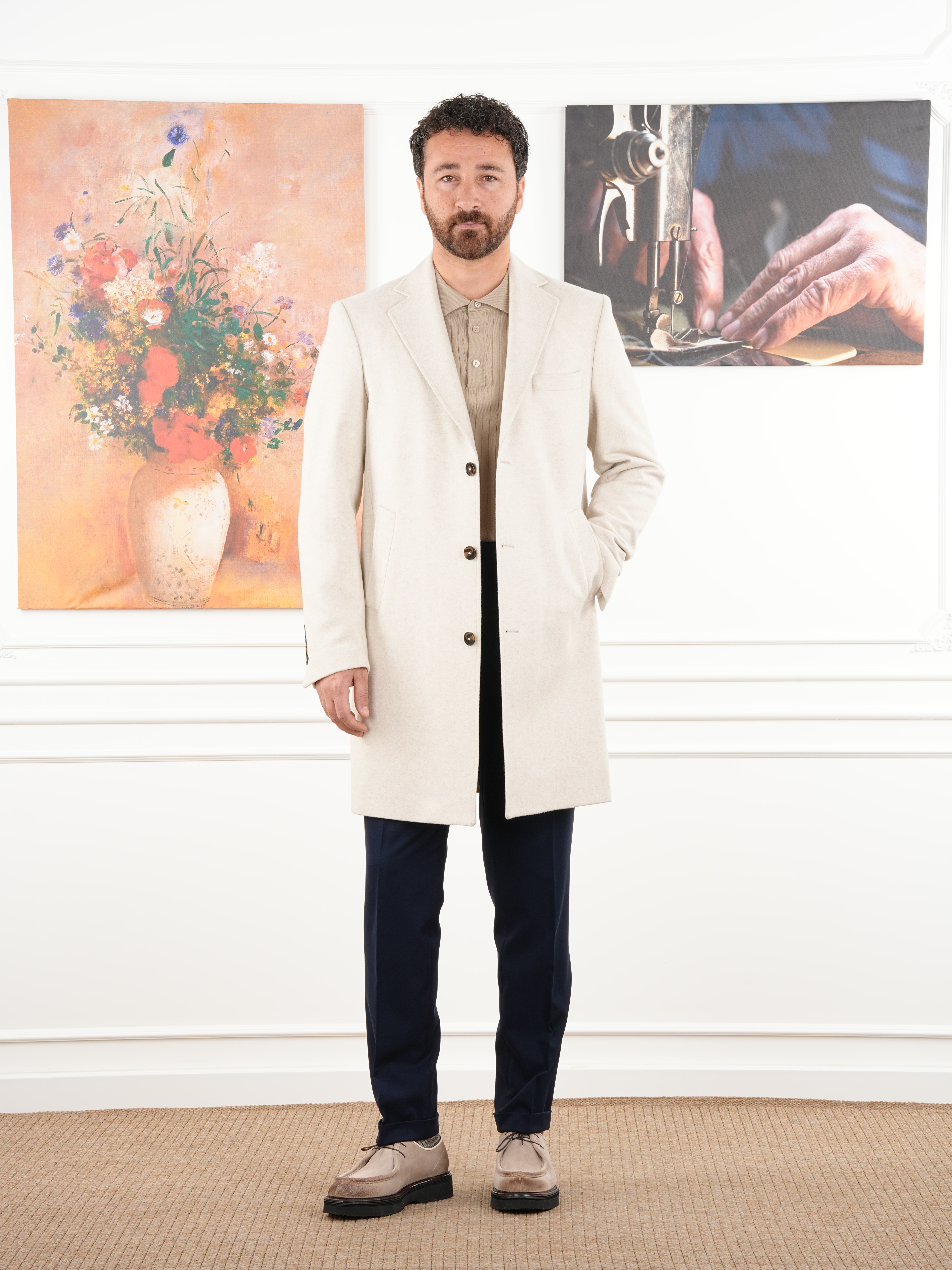 Erkek Premium İtalyan Stil Slim Fit Mono Yaka Kaşe Kaban - Bej