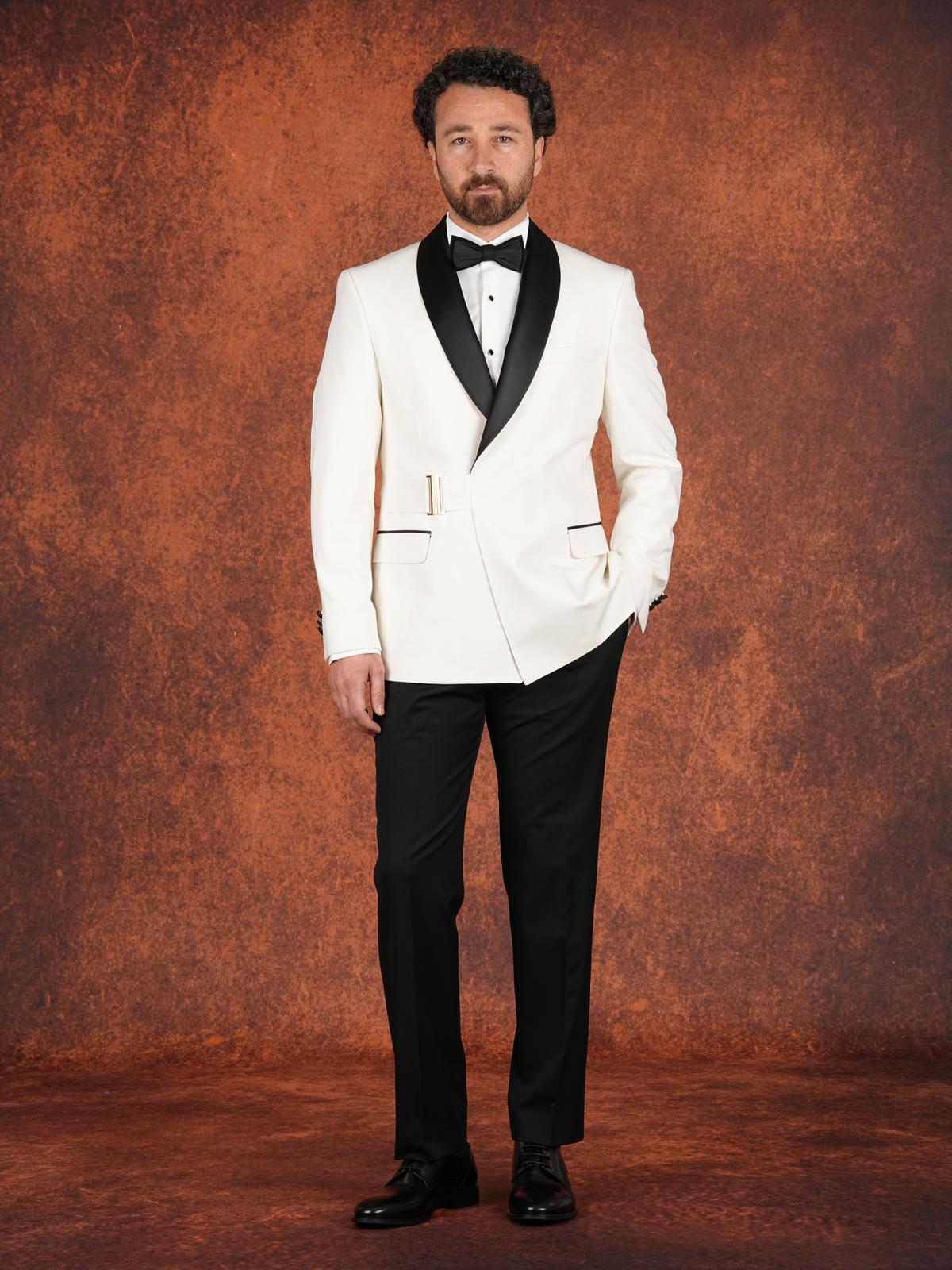 Erkek Premium Slim Fit İtalyan Stil Şal Yaka Gümüş Toka Damatlık Smokin Ceket Pantolon Papyon - Beyaz