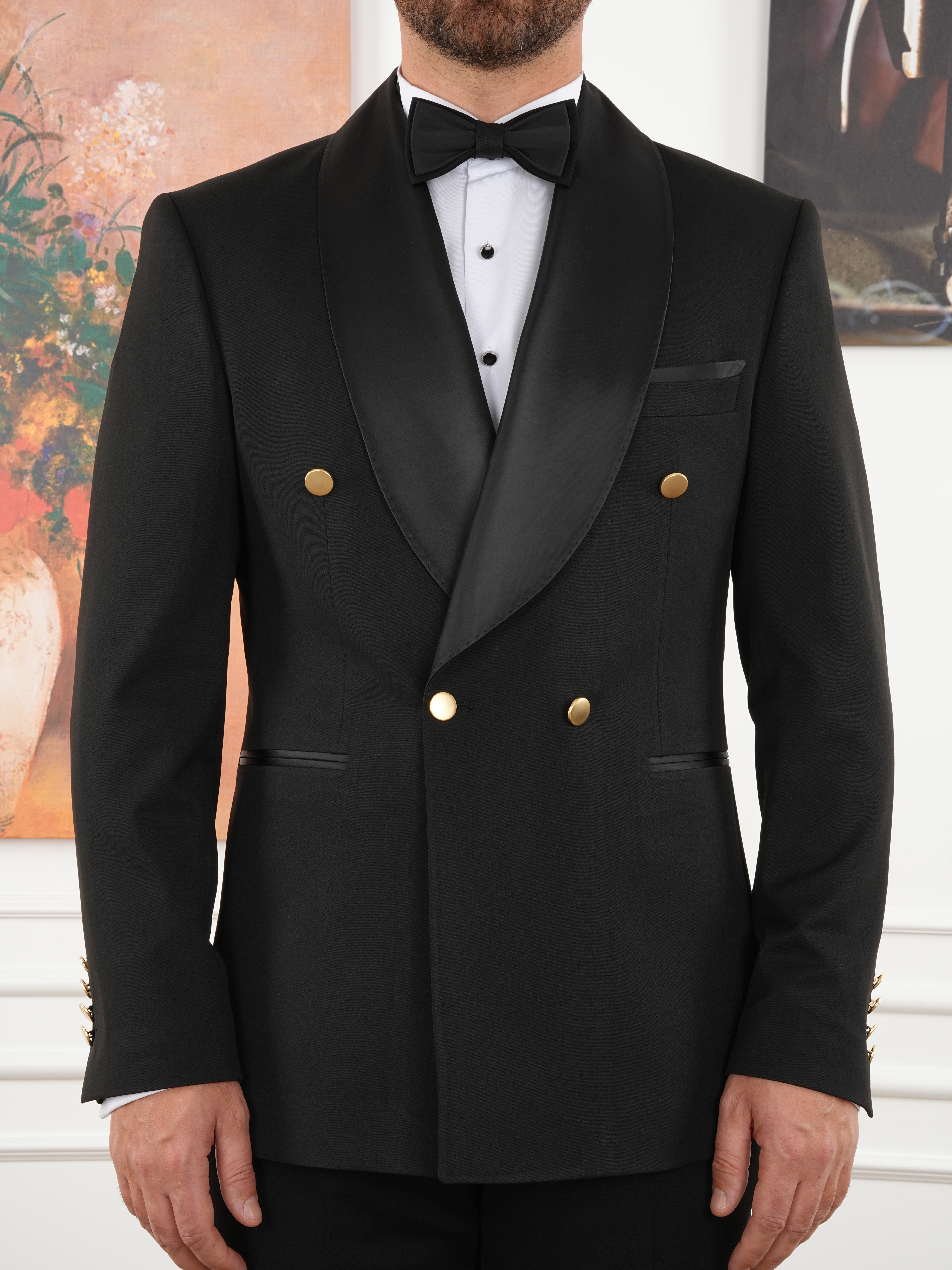 Premium Erkek Slim Fit İtalyan Stil Kruvaze Smokin Puntolu Şal Yaka Damatlık Ceket Pantolon Papyon - Siyah