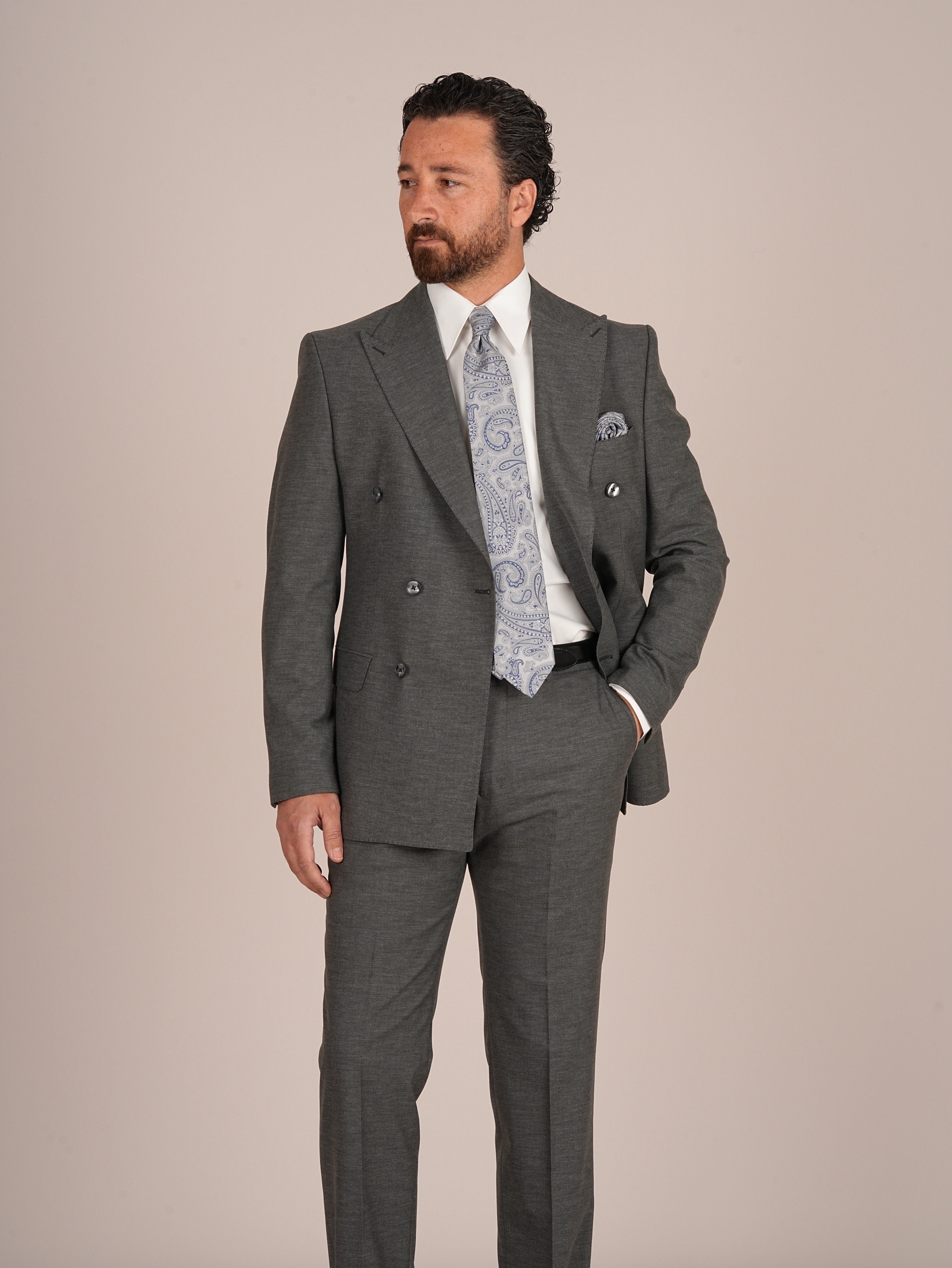 Erkek Slim Fit İtalyan Stil Kruvaze Takım Elbise Ceket Pantolon - Gri