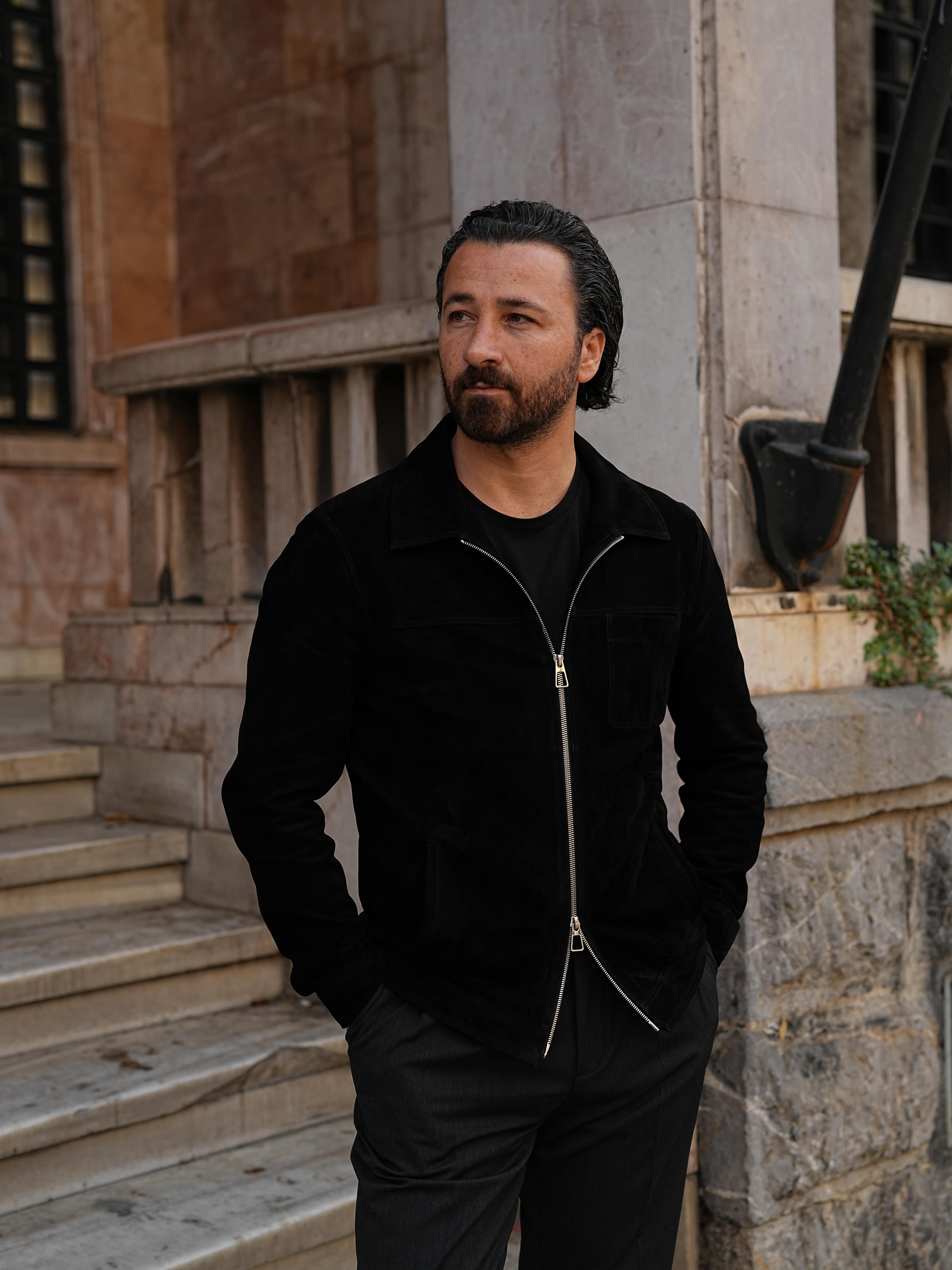 Erkek Slim Fit Fermuarlı Hakiki Deri Mont Ceket - Siyah